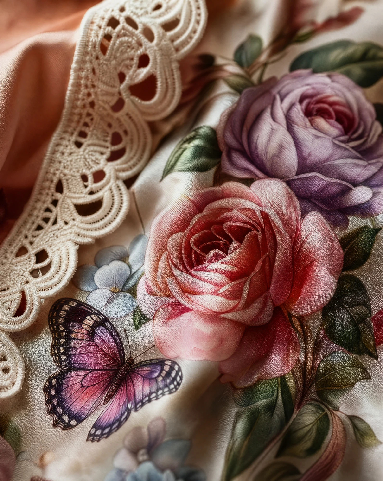 Rose Garden Butterfly Satin Kimono Robe — Ivory Pink Lilac Blue — resort wear — VAUDRE numbered luxury — view 7
