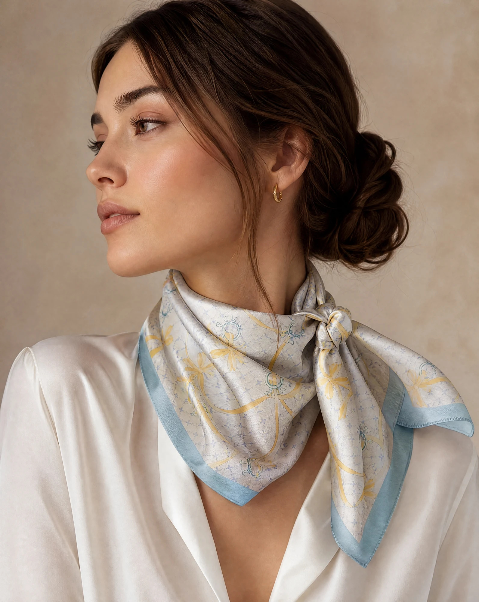 Ribbon & Bows Pastel Silk Scarf — Cream Sky Blue Yellow Lilac — accessories — VAUDRE numbered luxury — view 2