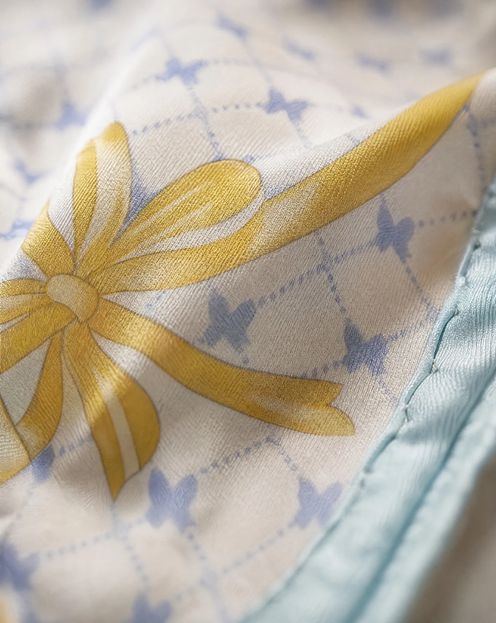 Ribbon & Bows Pastel Silk Scarf — Cream Sky Blue Yellow Lilac — accessories — VAUDRE numbered luxury — view 4
