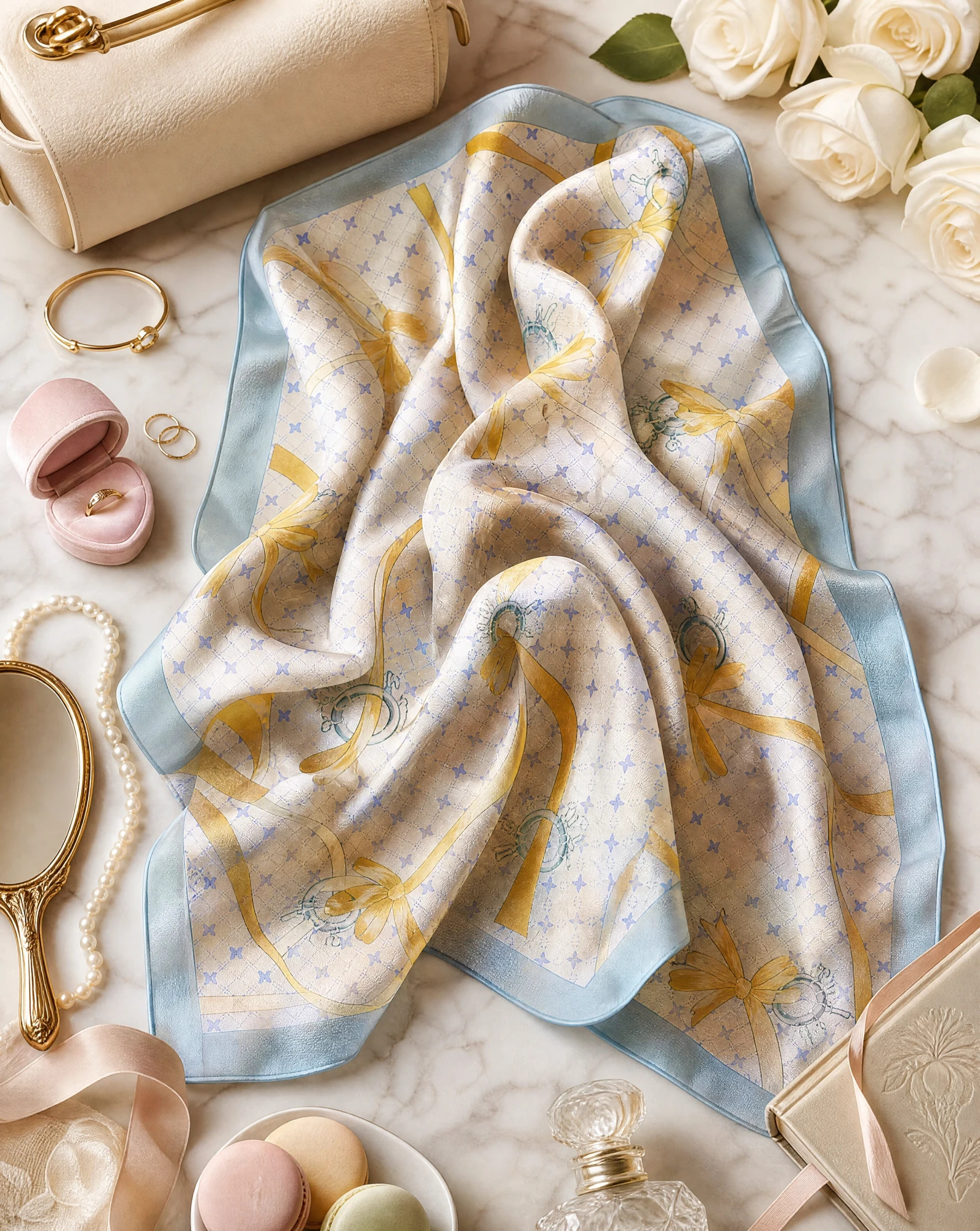 Ribbon & Bows Pastel Silk Scarf — Cream Sky Blue Yellow Lilac — accessories — VAUDRE numbered luxury — view 5