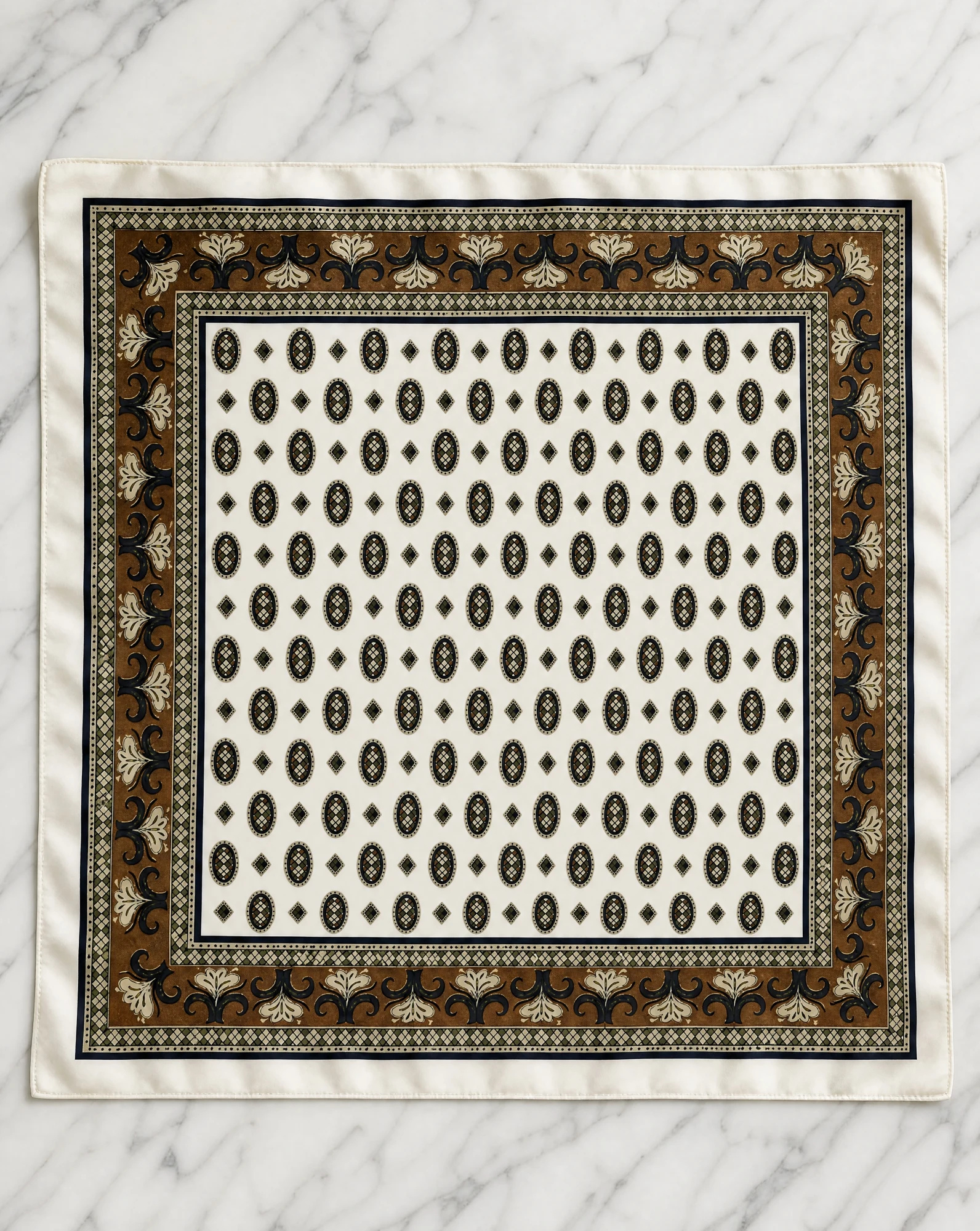 Vintage Medallion Foulard Silk Scarf — Ivory Brown Navy Olive — accessories — VAUDRE numbered luxury