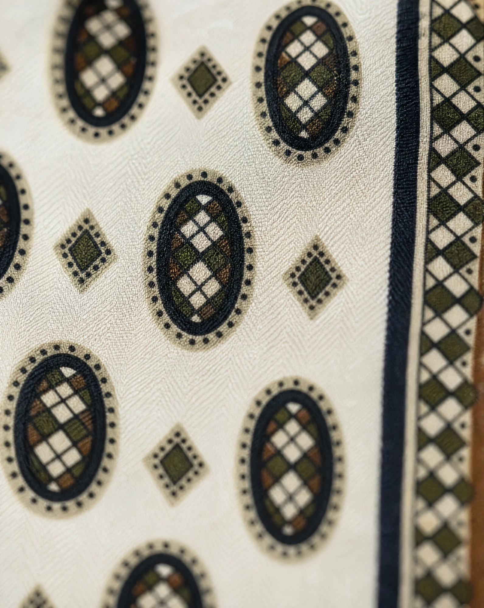 Vintage Medallion Foulard Silk Scarf — Ivory Brown Navy Olive — accessories — VAUDRE numbered luxury — view 4