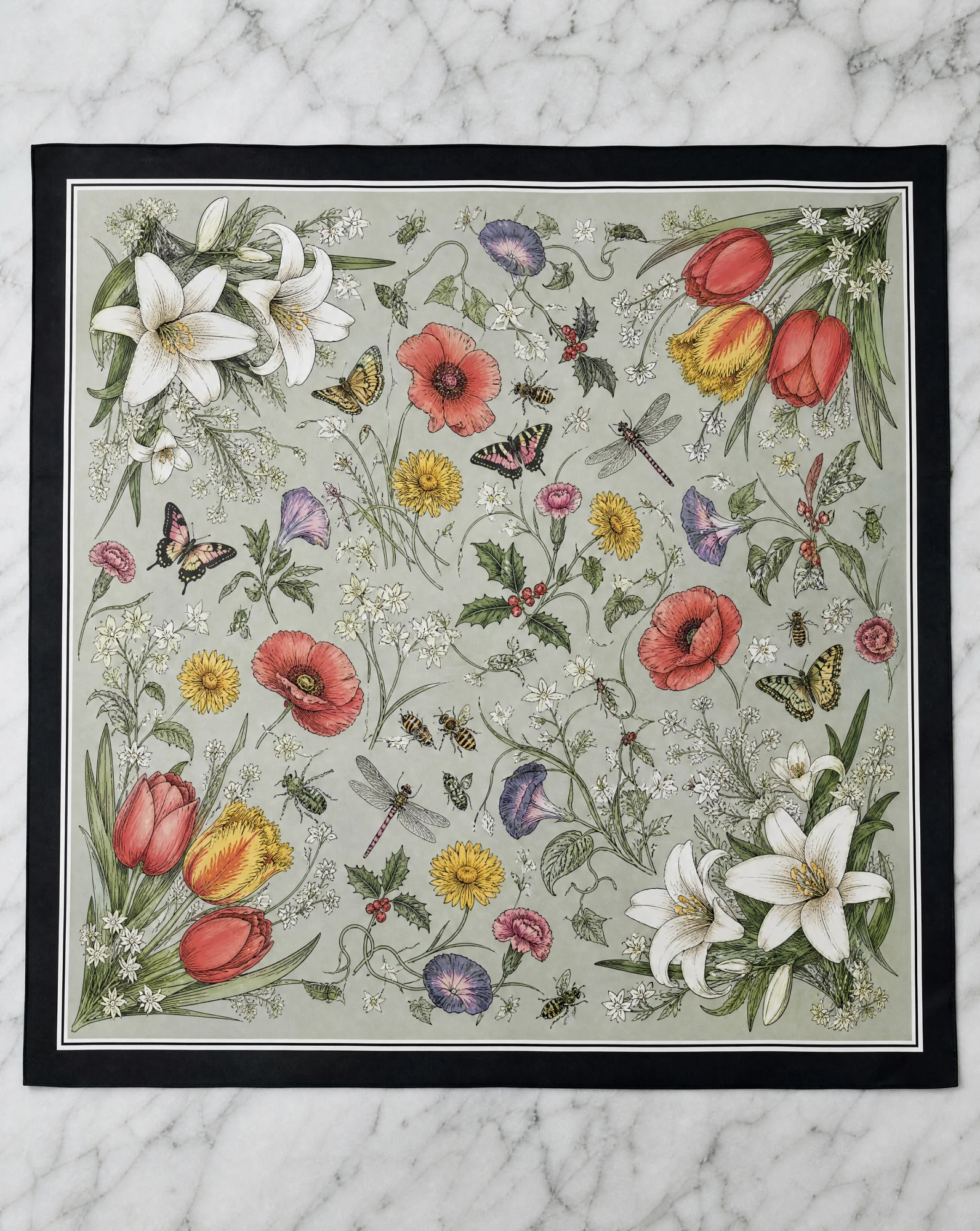Botanical Garden Flora & Fauna Silk Scarf — Sage Green Black Red Ivory — accessories — VAUDRE numbered luxury