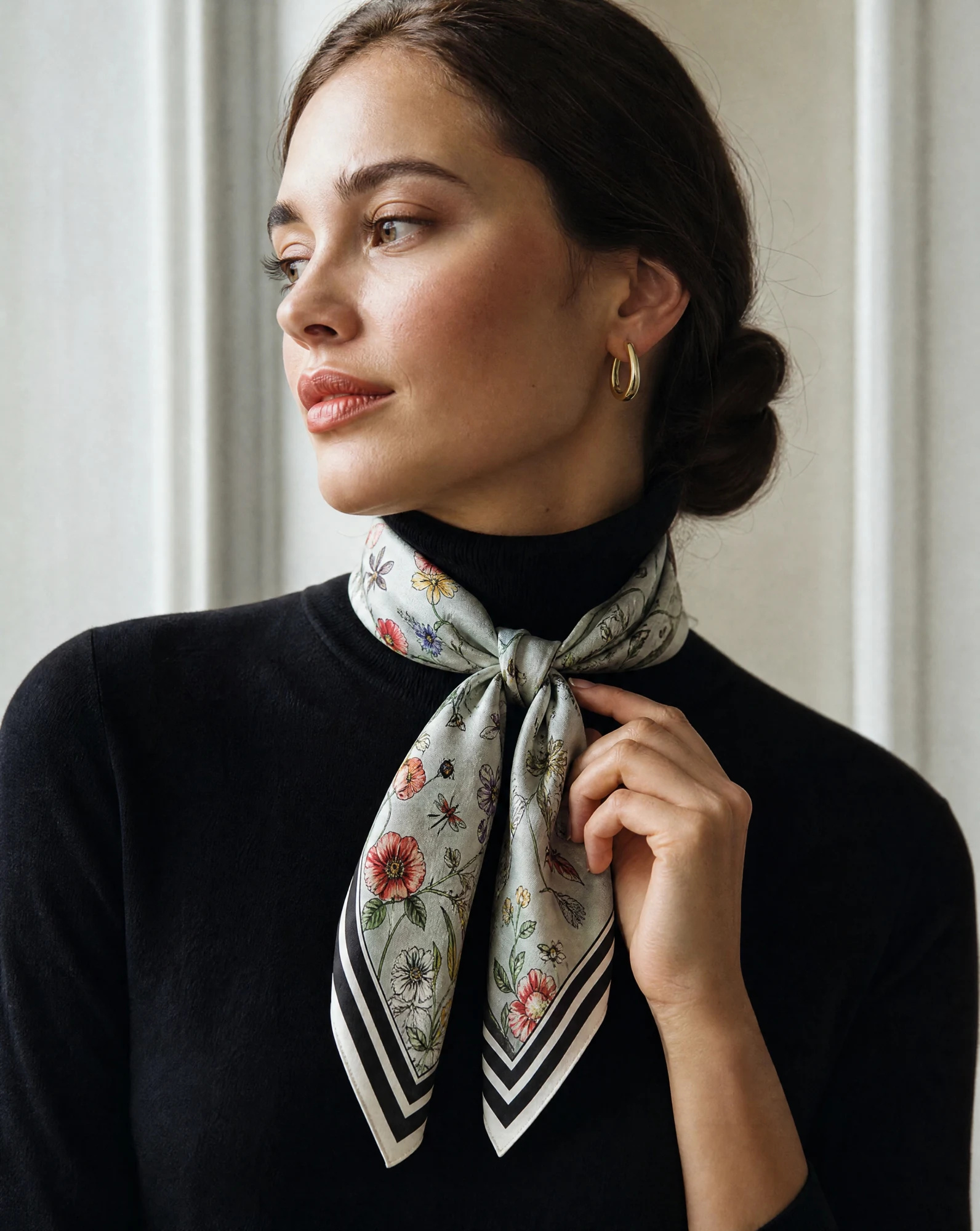 Botanical Garden Flora & Fauna Silk Scarf — Sage Green Black Red Ivory — accessories — VAUDRE numbered luxury — view 2