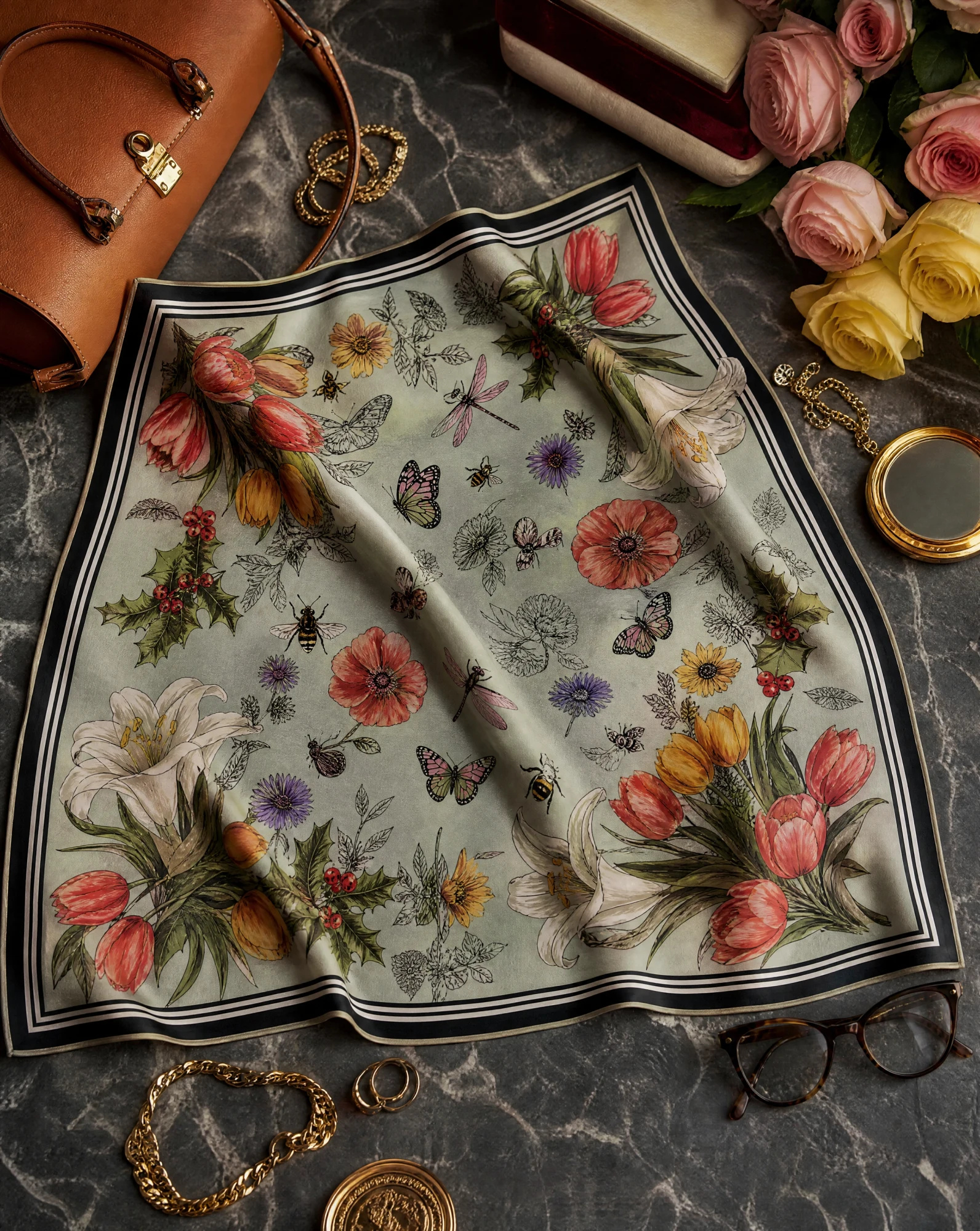 Botanical Garden Flora & Fauna Silk Scarf — Sage Green Black Red Ivory — accessories — VAUDRE numbered luxury — view 4