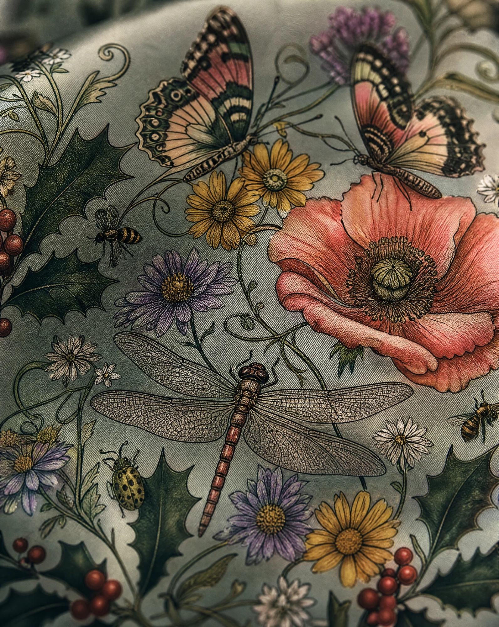 Botanical Garden Flora & Fauna Silk Scarf — Sage Green Black Red Ivory — accessories — VAUDRE numbered luxury — view 5
