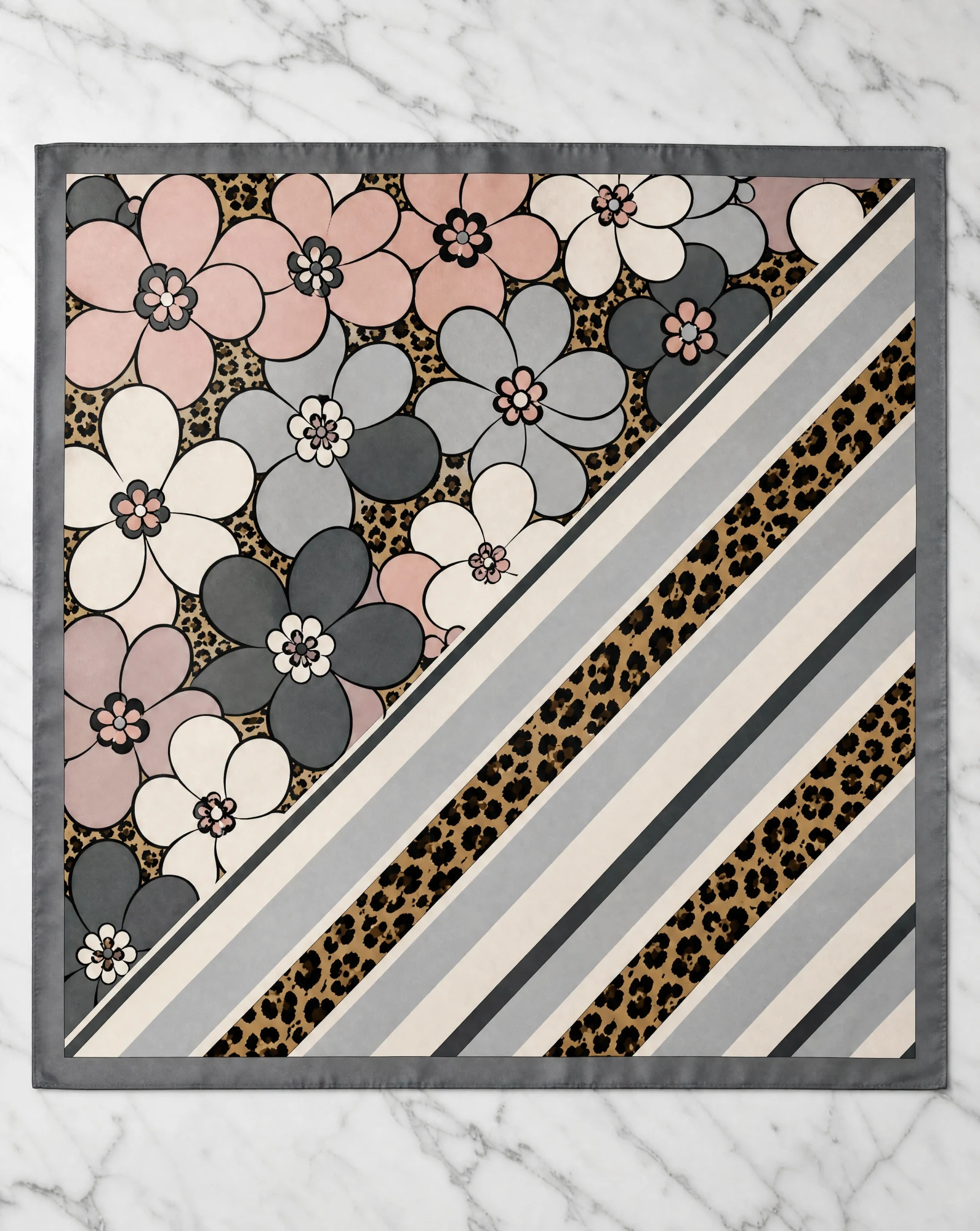 Bloom & Leopard Retro Floral Silk Scarf — Blush Pink Grey Camel Charcoal — accessories — VAUDRE numbered luxury