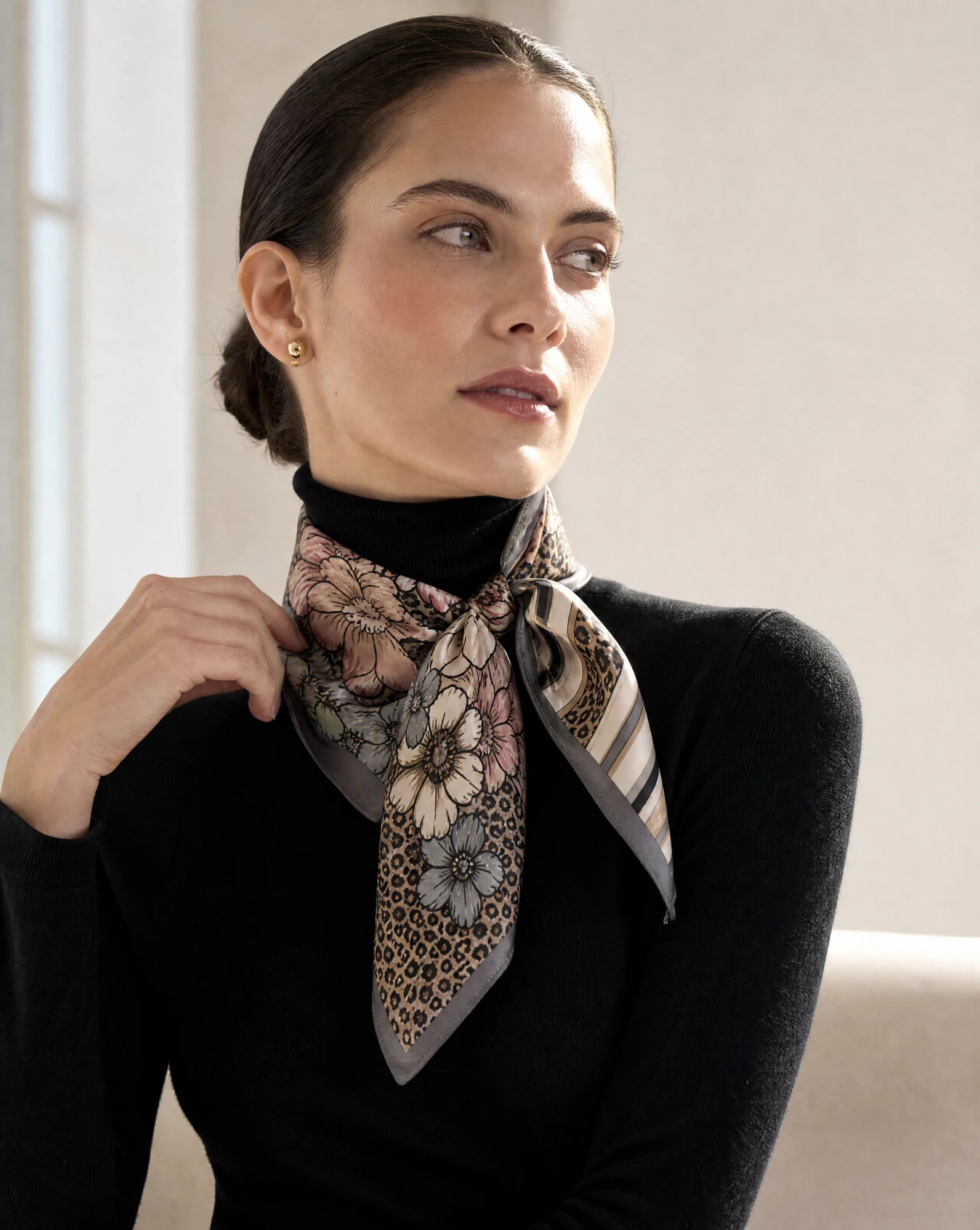 Bloom & Leopard Retro Floral Silk Scarf — Blush Pink Grey Camel Charcoal — accessories — VAUDRE numbered luxury — view 2