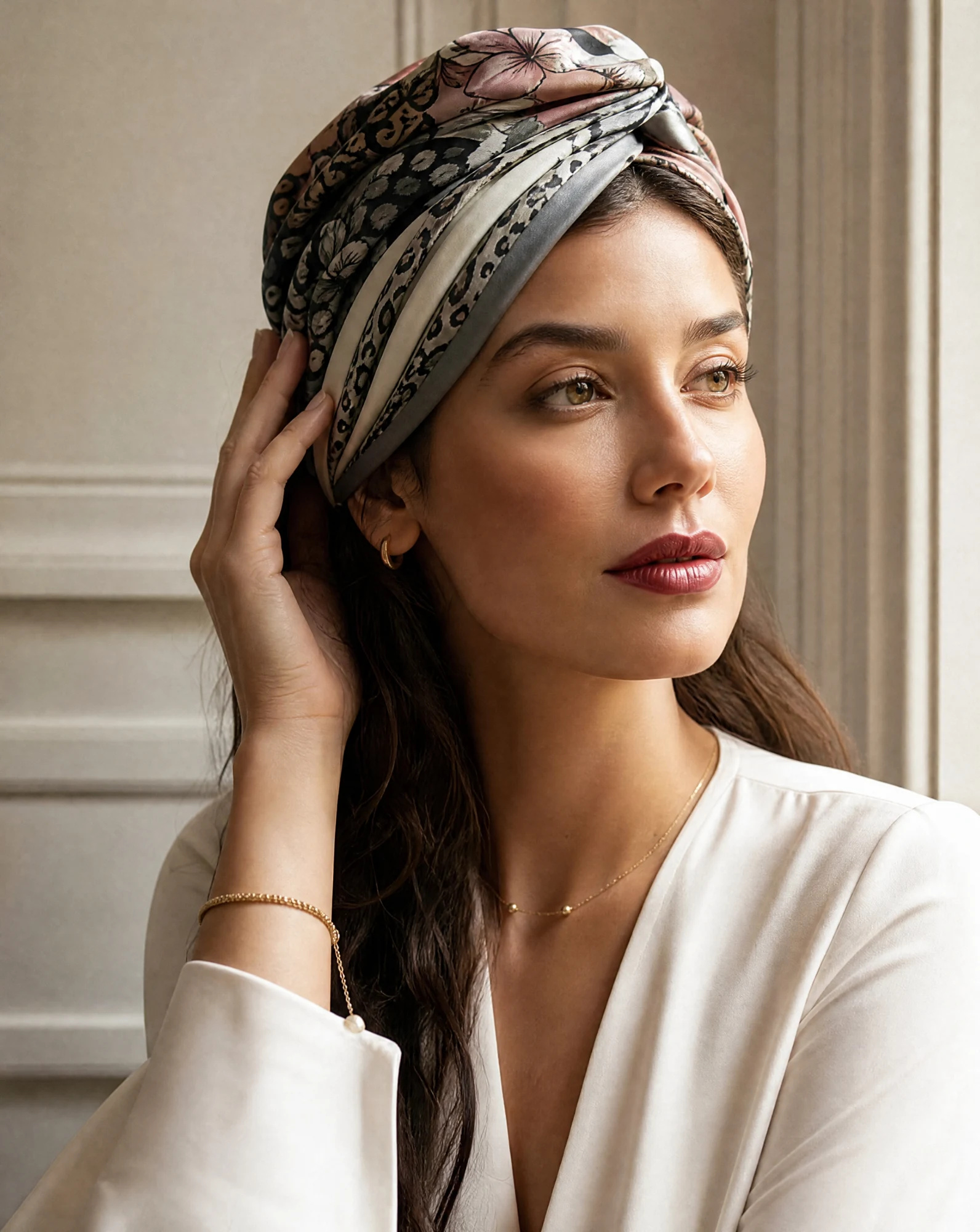 Bloom & Leopard Retro Floral Silk Scarf — Blush Pink Grey Camel Charcoal — accessories — VAUDRE numbered luxury — view 3