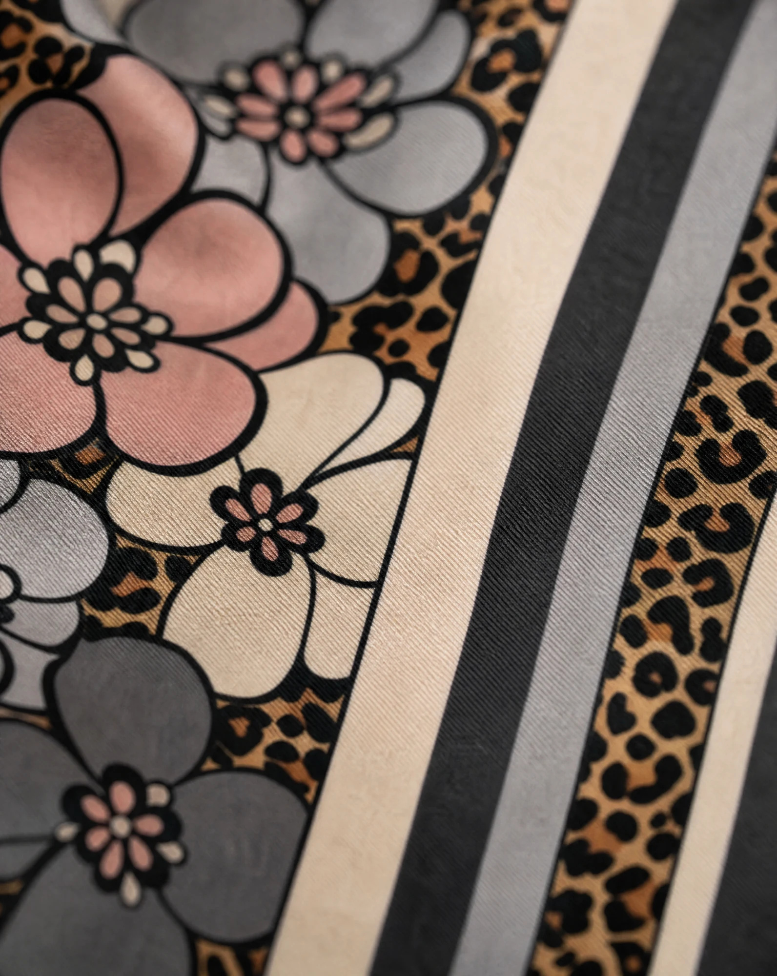 Bloom & Leopard Retro Floral Silk Scarf — Blush Pink Grey Camel Charcoal — accessories — VAUDRE numbered luxury — view 4