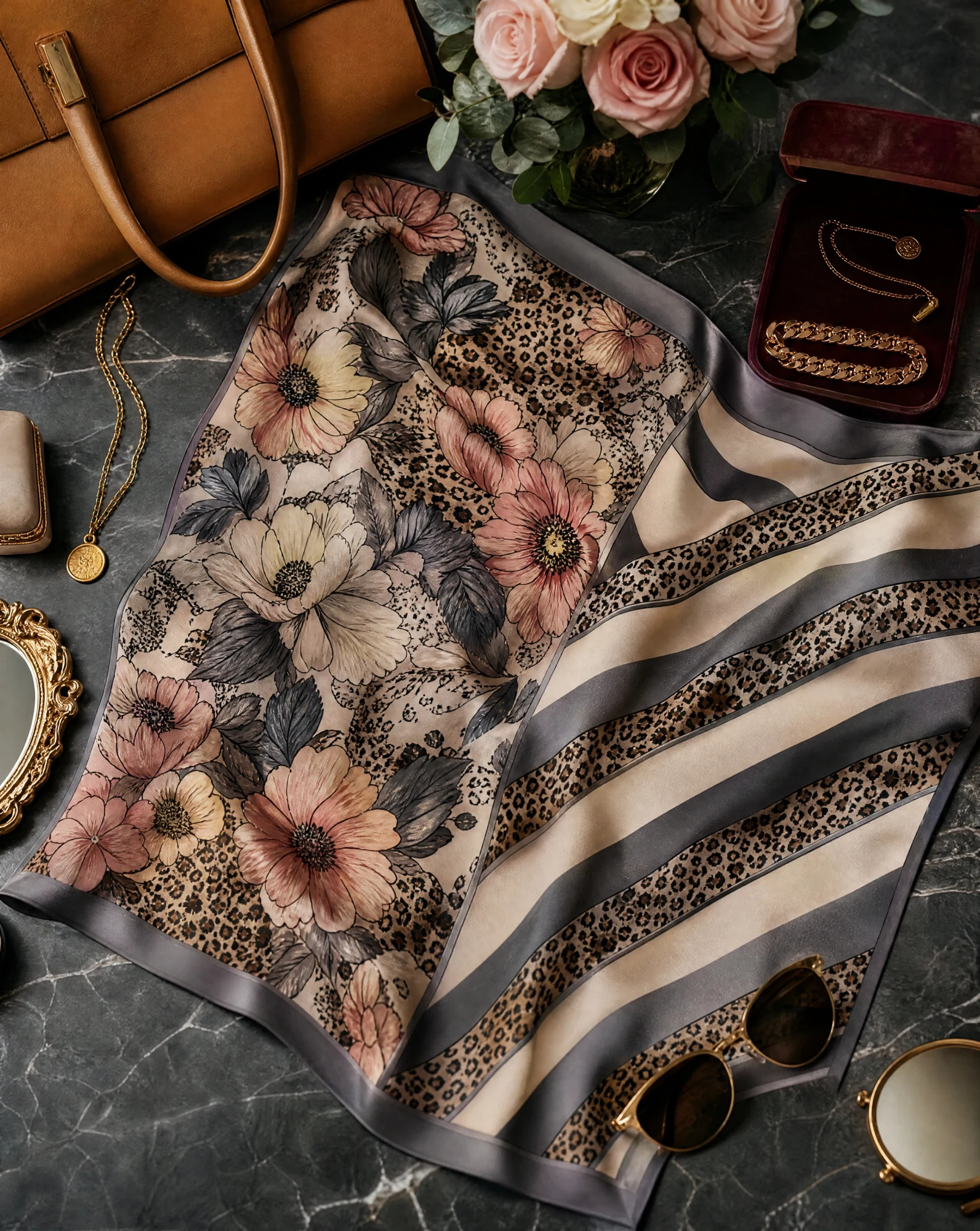 Bloom & Leopard Retro Floral Silk Scarf — Blush Pink Grey Camel Charcoal — accessories — VAUDRE numbered luxury — view 5