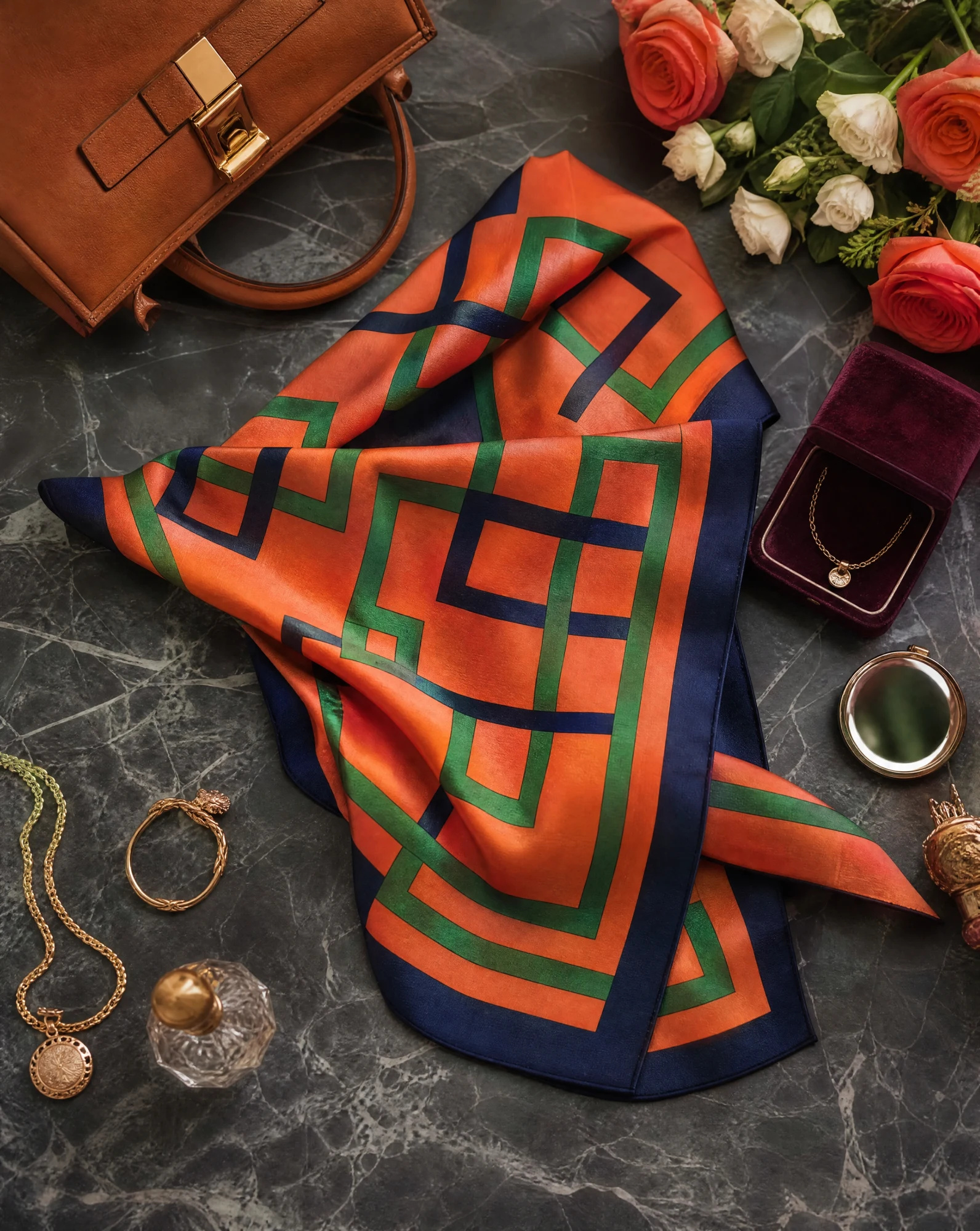 Geometric Lattice Retro Silk Scarf — accessories — VAUDRE numbered luxury — view 4