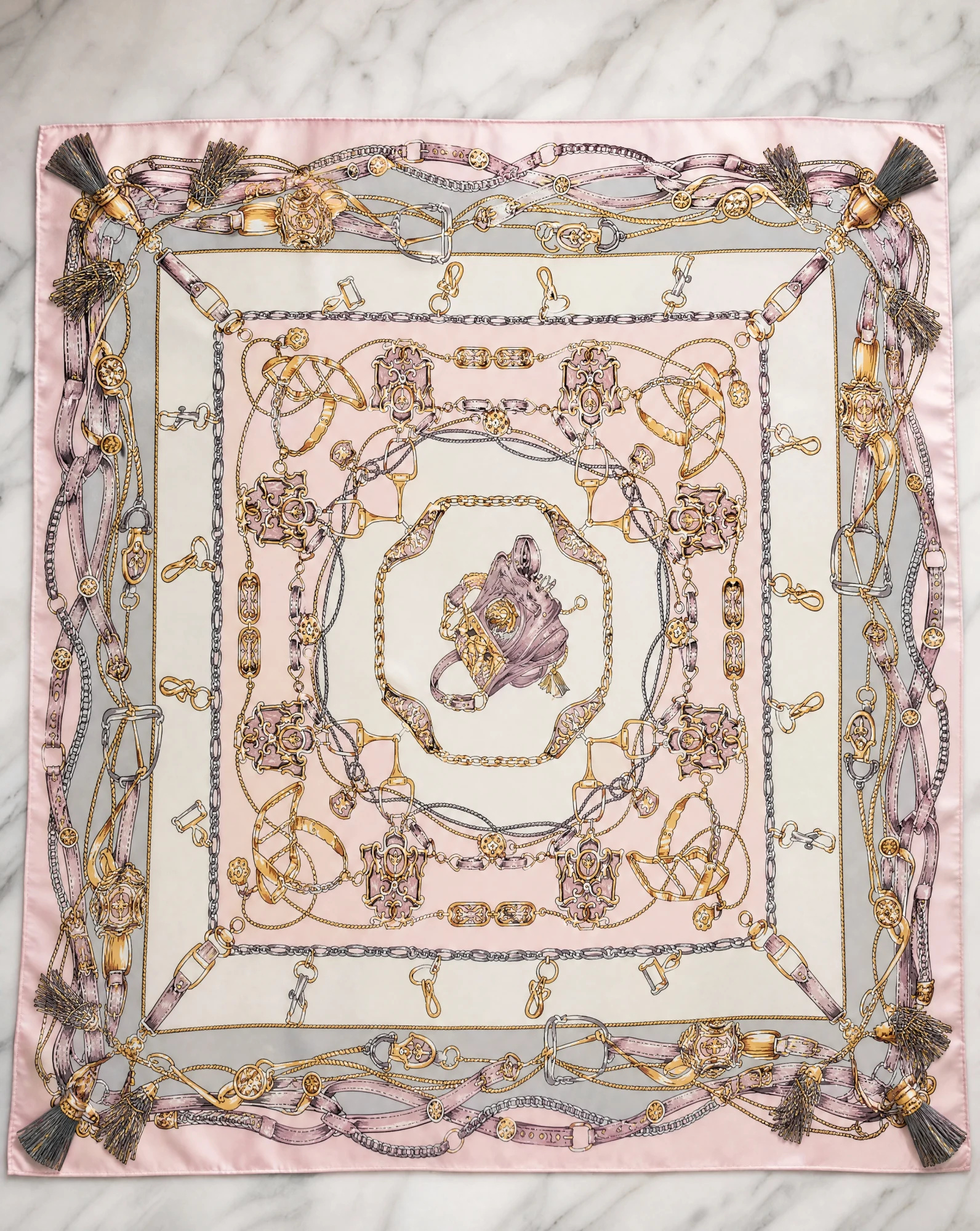 Equestrian Chains & Tassels Silk Scarf — Blush Pink Gold Grey Cream — accessories — VAUDRE numbered luxury