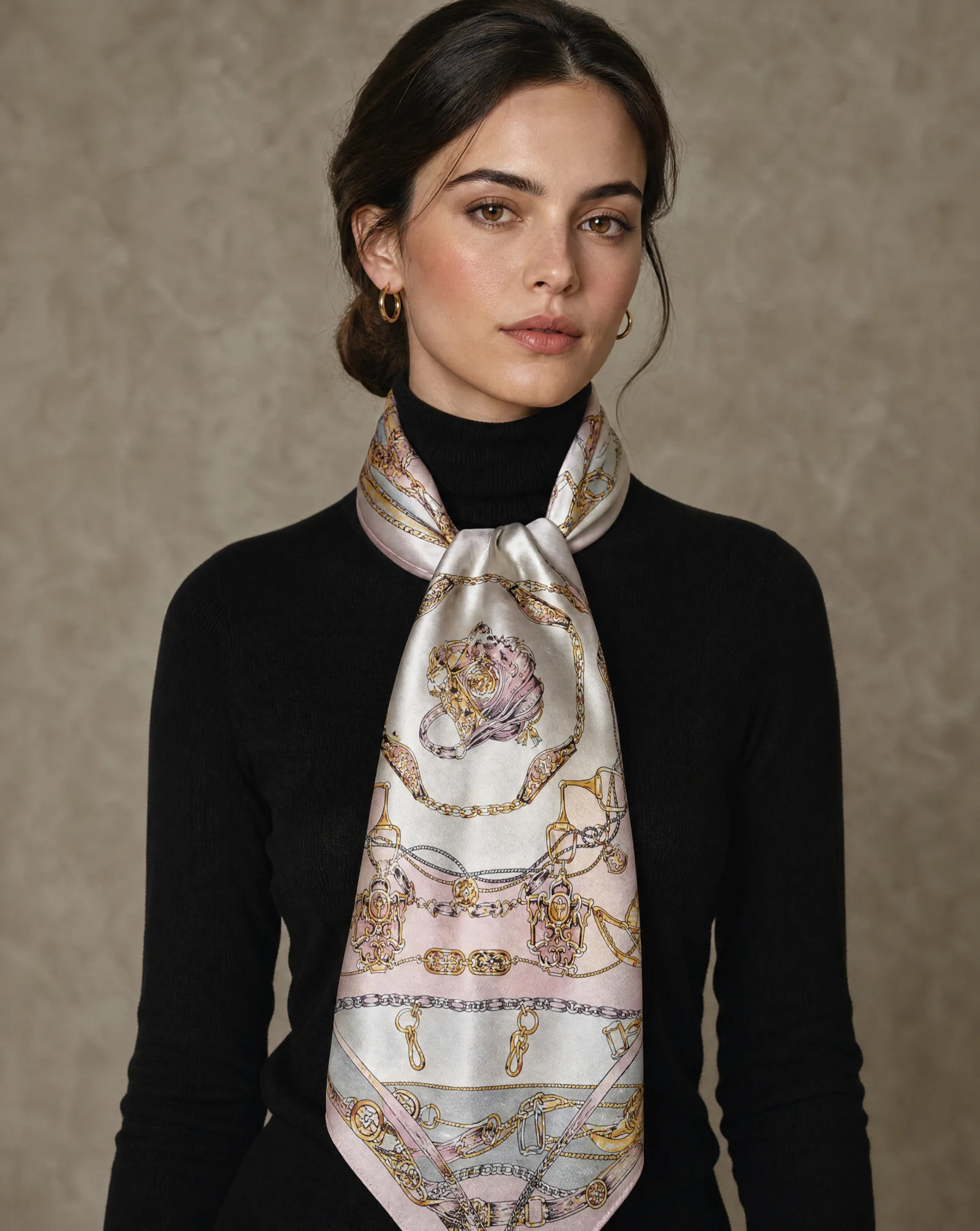Equestrian Chains & Tassels Silk Scarf — Blush Pink Gold Grey Cream — accessories — VAUDRE numbered luxury — view 2