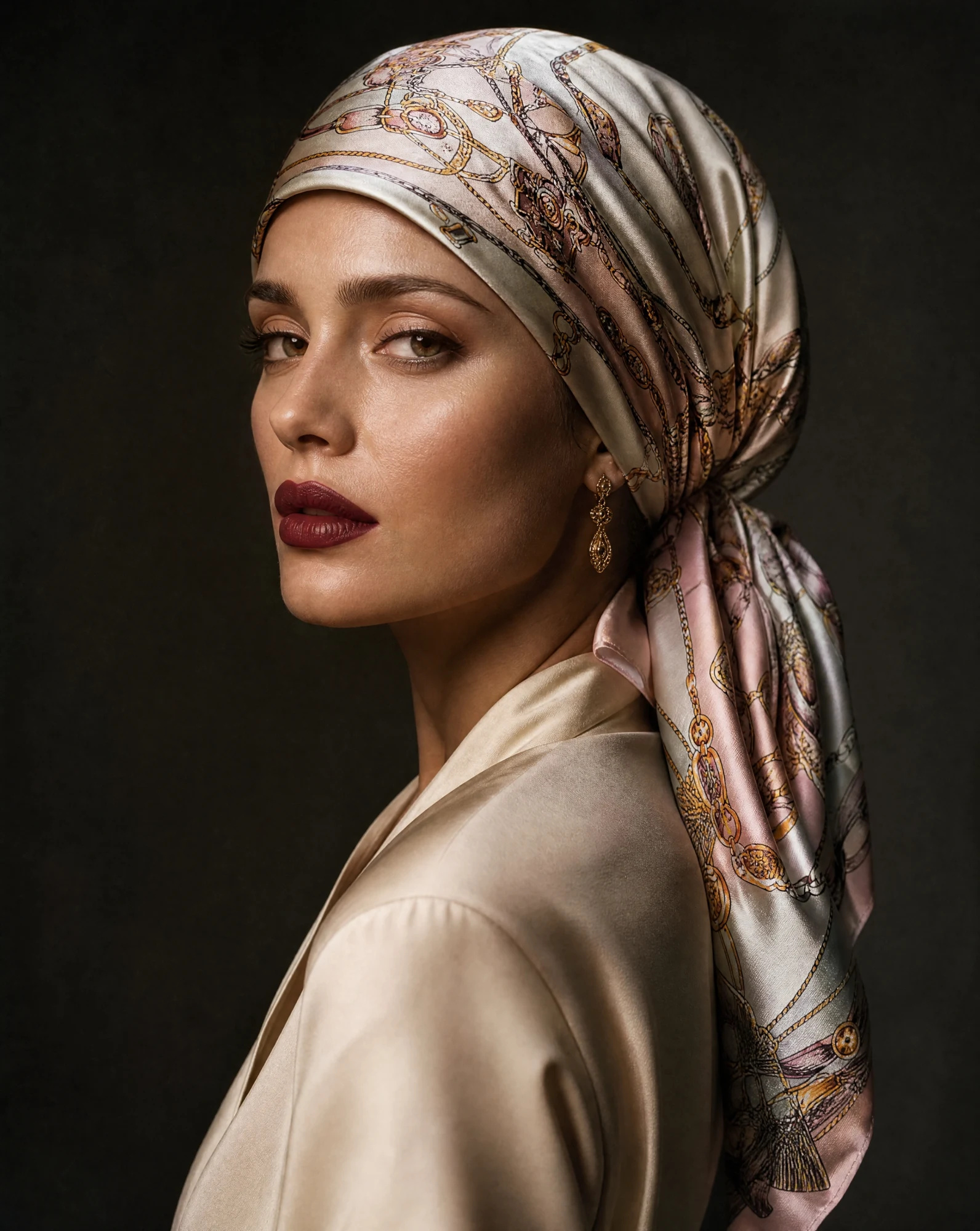 Equestrian Chains & Tassels Silk Scarf — Blush Pink Gold Grey Cream — accessories — VAUDRE numbered luxury — view 3