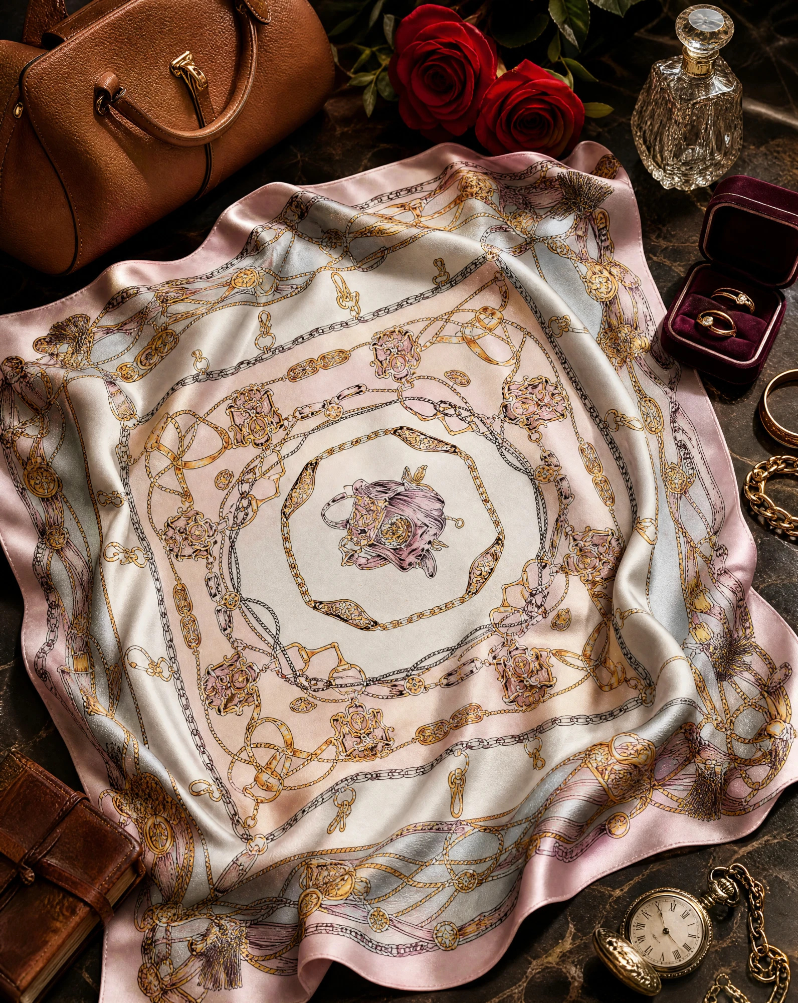 Equestrian Chains & Tassels Silk Scarf — Blush Pink Gold Grey Cream — accessories — VAUDRE numbered luxury — view 4
