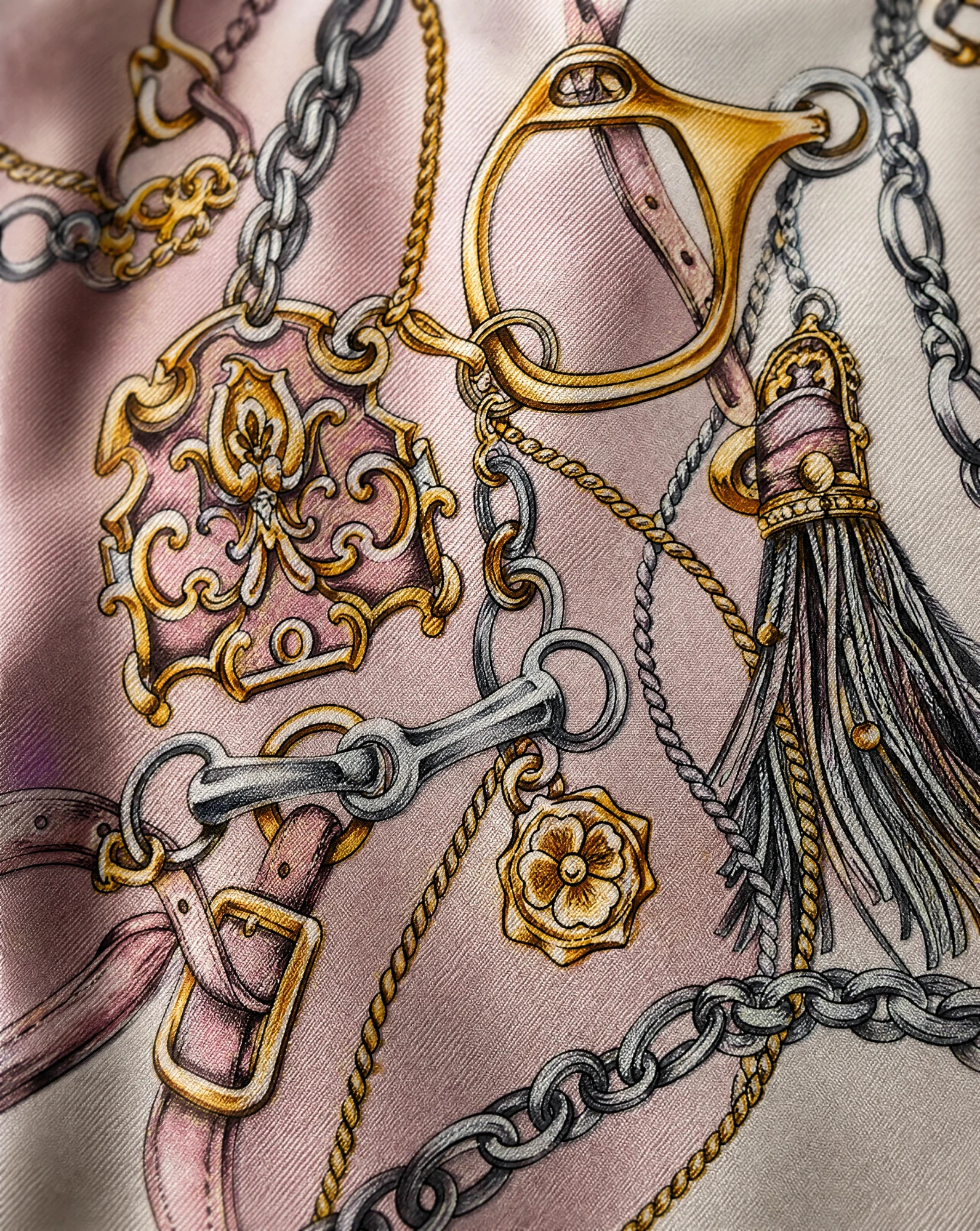 Equestrian Chains & Tassels Silk Scarf — Blush Pink Gold Grey Cream — accessories — VAUDRE numbered luxury — view 5