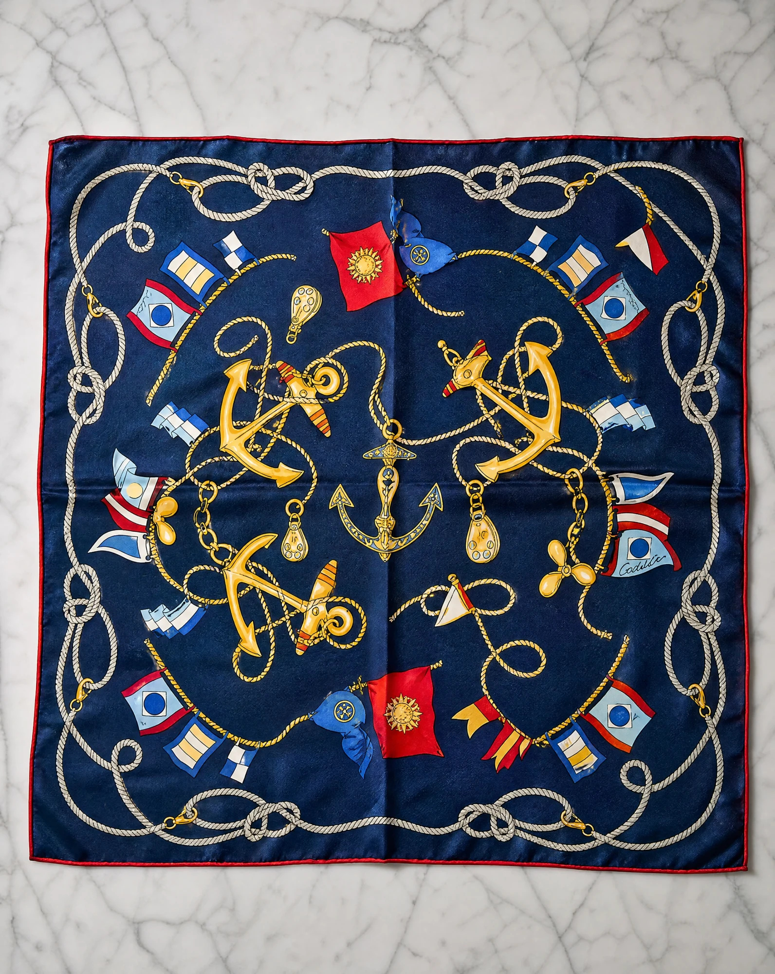 Maritime Anchor Nautical Silk Scarf — Navy Gold Red Blue — accessories — VAUDRE numbered luxury