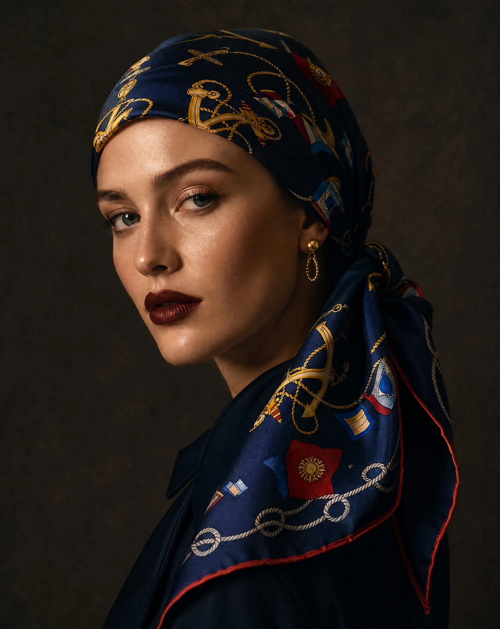 Maritime Anchor Nautical Silk Scarf — Navy Gold Red Blue — accessories — VAUDRE numbered luxury — view 2
