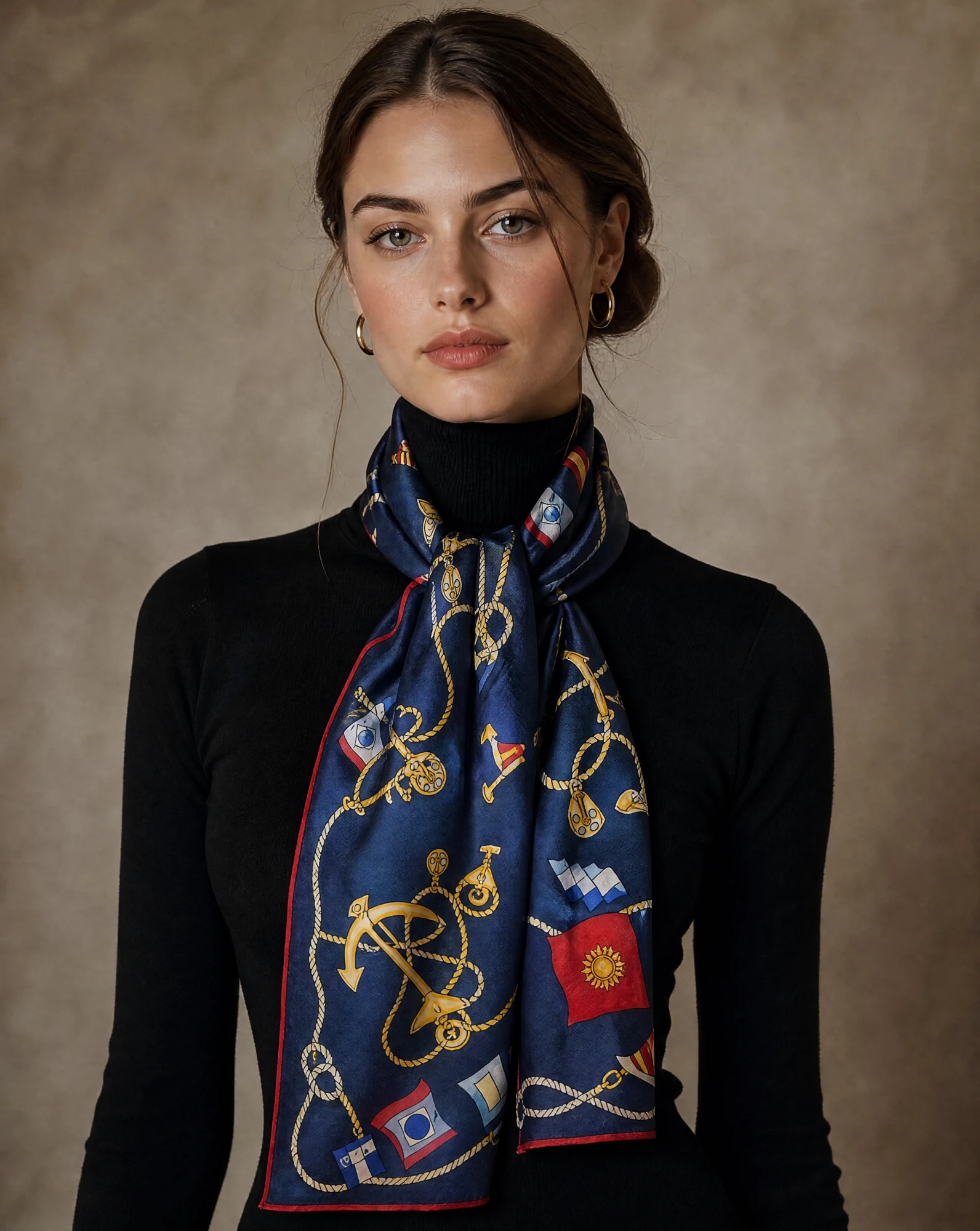 Maritime Anchor Nautical Silk Scarf — Navy Gold Red Blue — accessories — VAUDRE numbered luxury — view 3