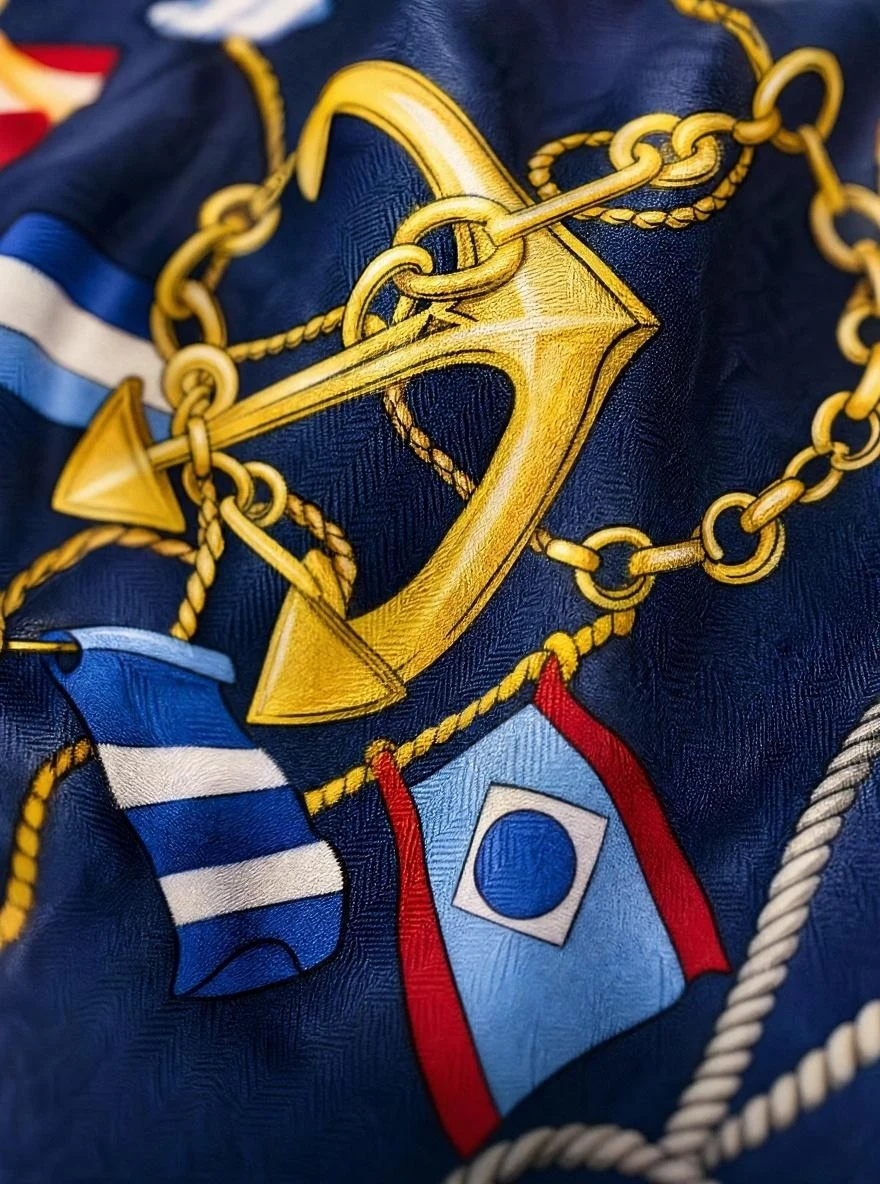 Maritime Anchor Nautical Silk Scarf — Navy Gold Red Blue — accessories — VAUDRE numbered luxury — view 4