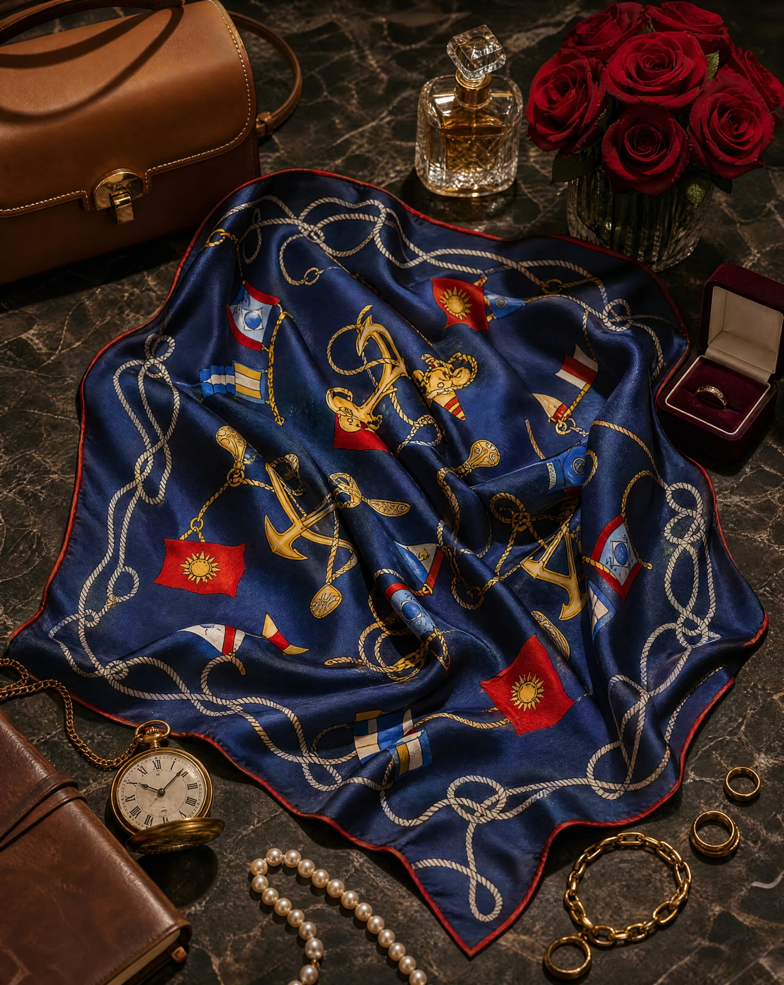 Maritime Anchor Nautical Silk Scarf — Navy Gold Red Blue — accessories — VAUDRE numbered luxury — view 5