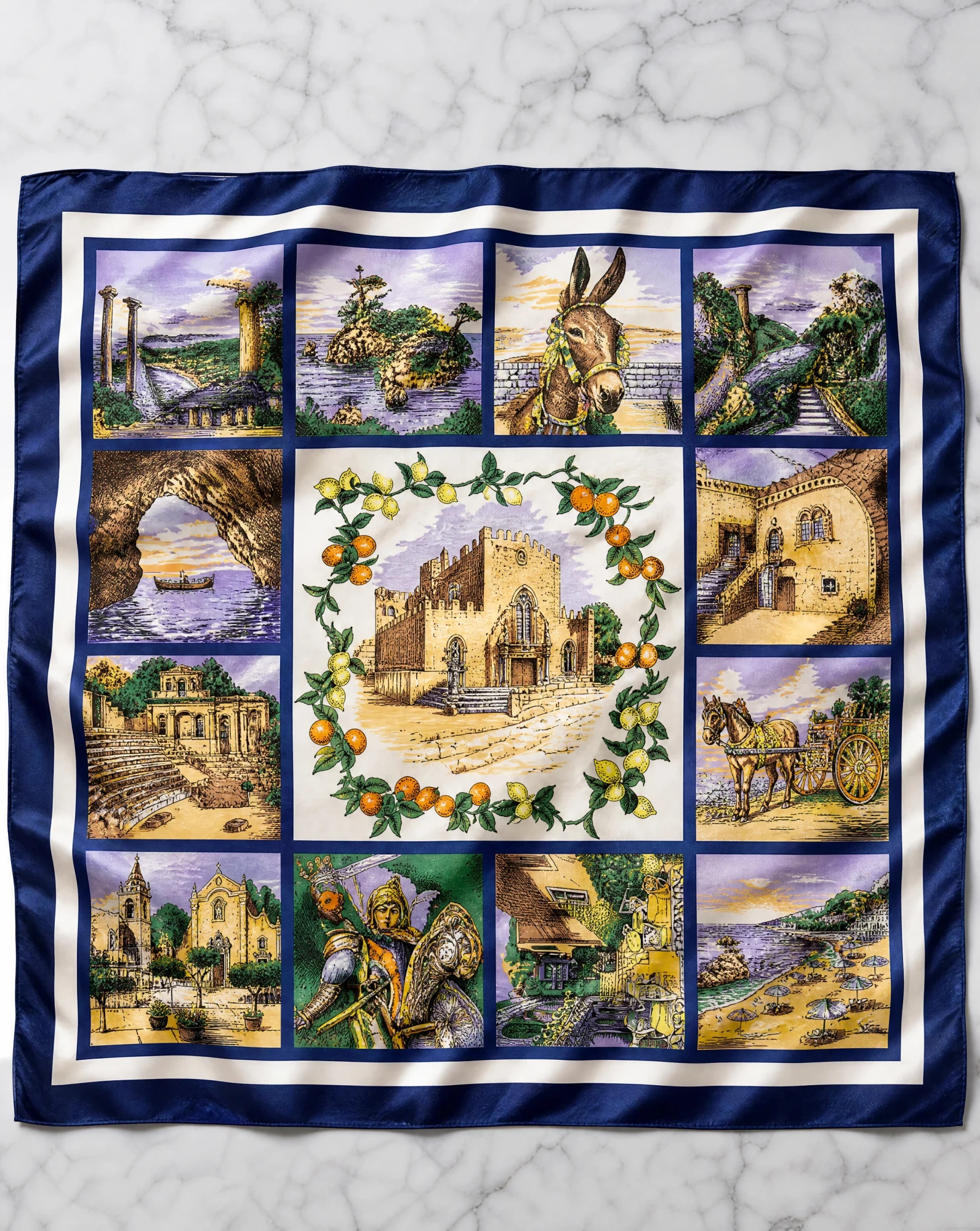 Mediterranean Voyage Scenic Silk Scarf — Navy Gold Lilac Green — accessories — VAUDRE numbered luxury