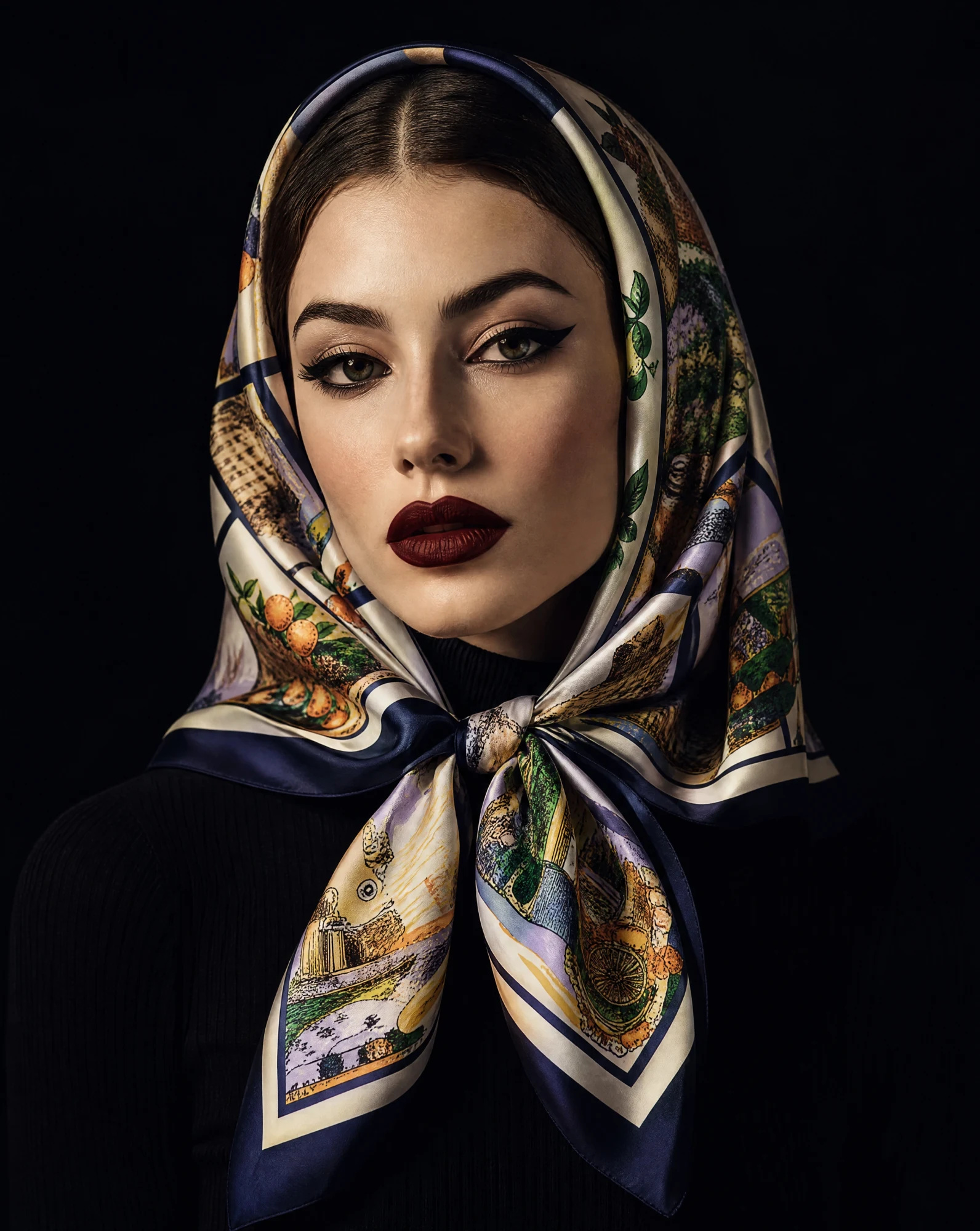 Mediterranean Voyage Scenic Silk Scarf — Navy Gold Lilac Green — accessories — VAUDRE numbered luxury — view 2
