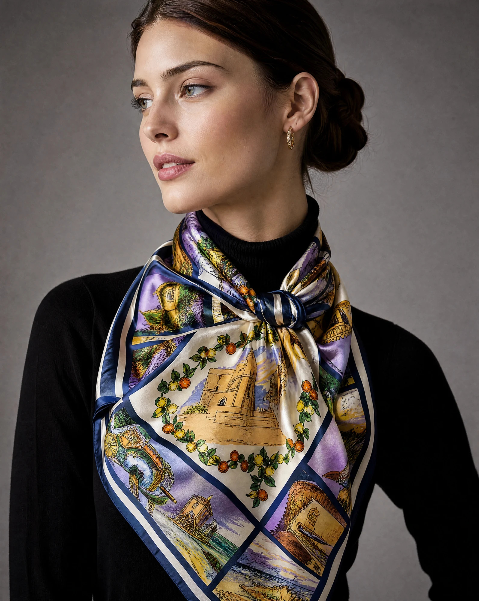 Mediterranean Voyage Scenic Silk Scarf — Navy Gold Lilac Green — accessories — VAUDRE numbered luxury — view 3