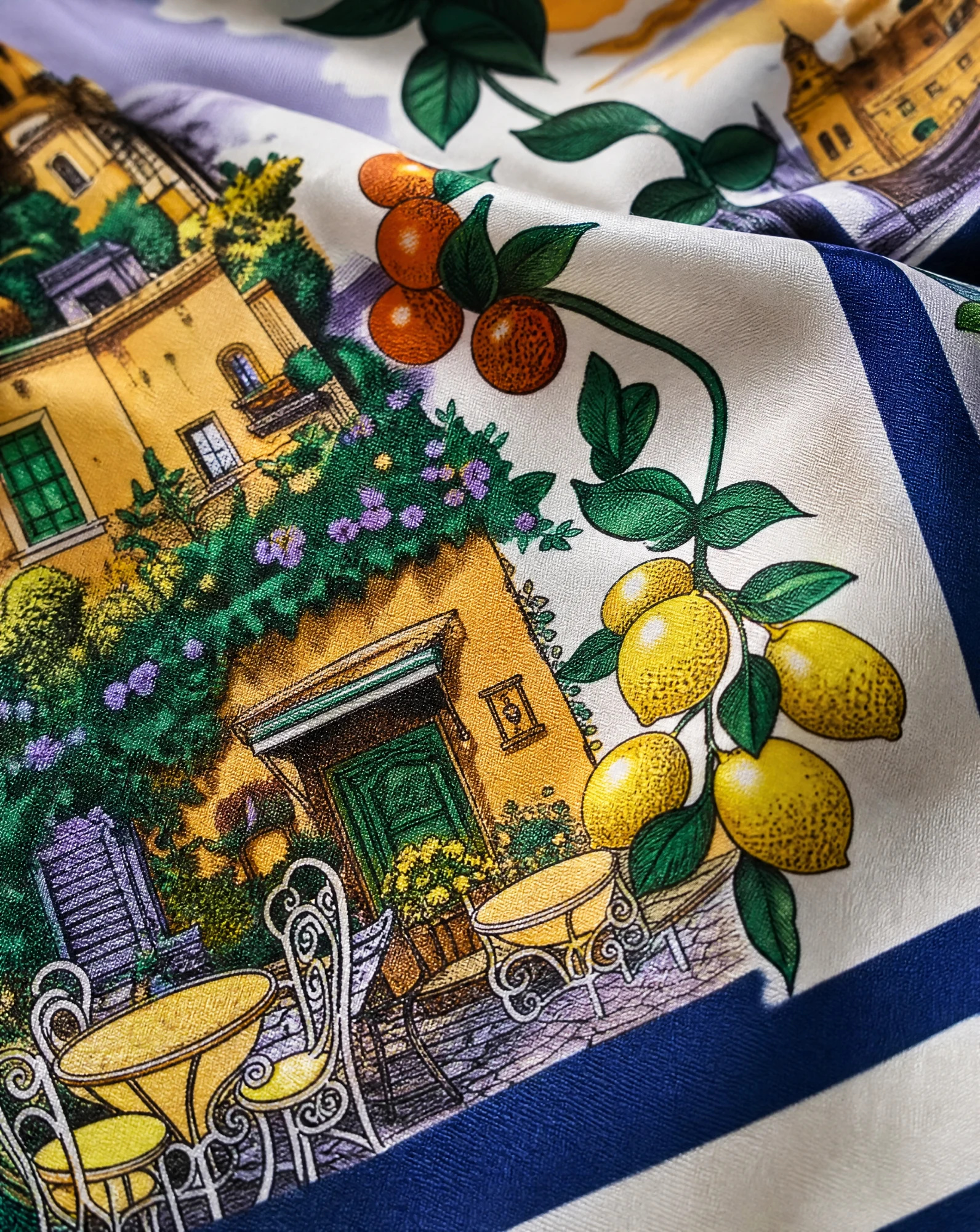 Mediterranean Voyage Scenic Silk Scarf — Navy Gold Lilac Green — accessories — VAUDRE numbered luxury — view 4