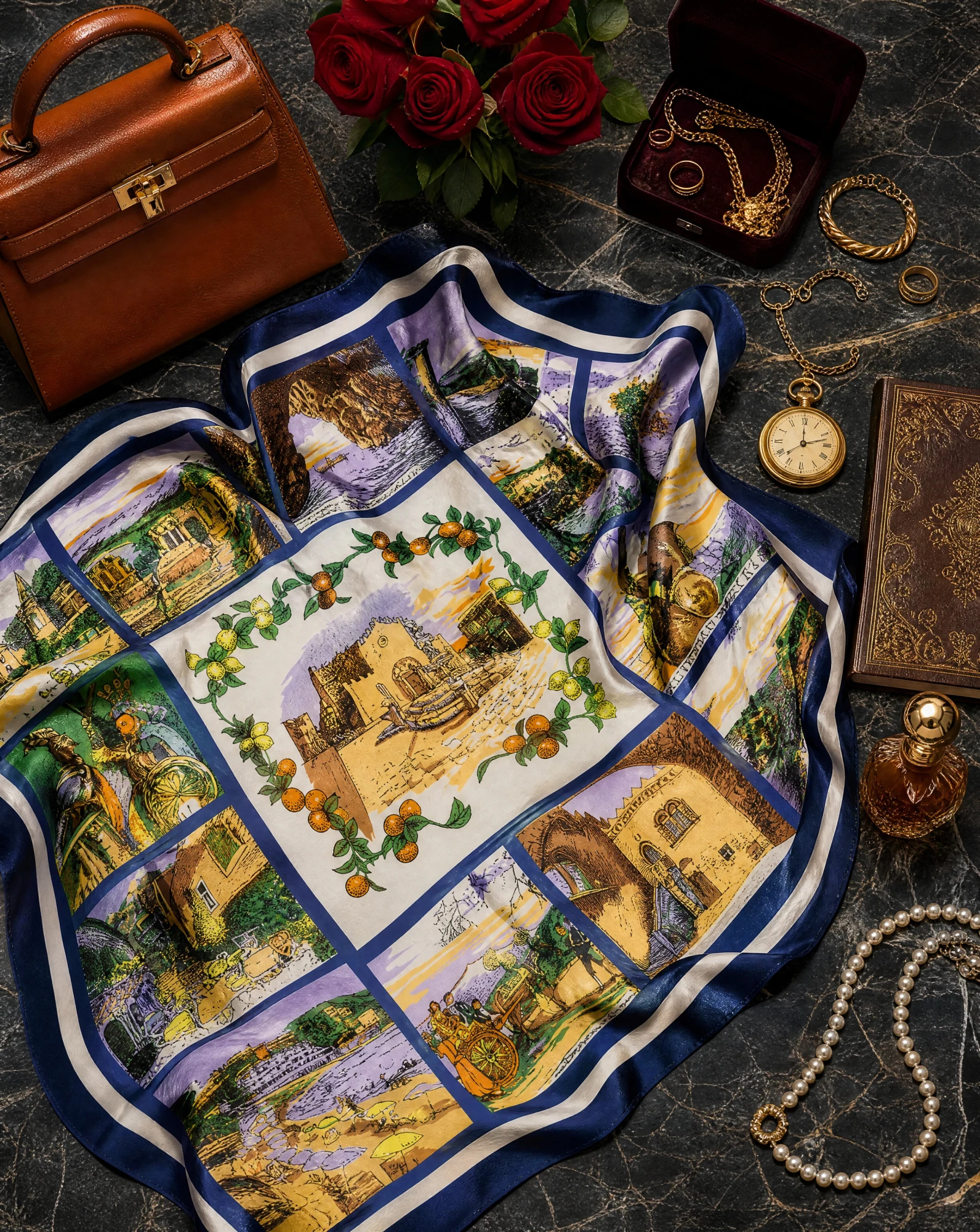 Mediterranean Voyage Scenic Silk Scarf — Navy Gold Lilac Green — accessories — VAUDRE numbered luxury — view 5