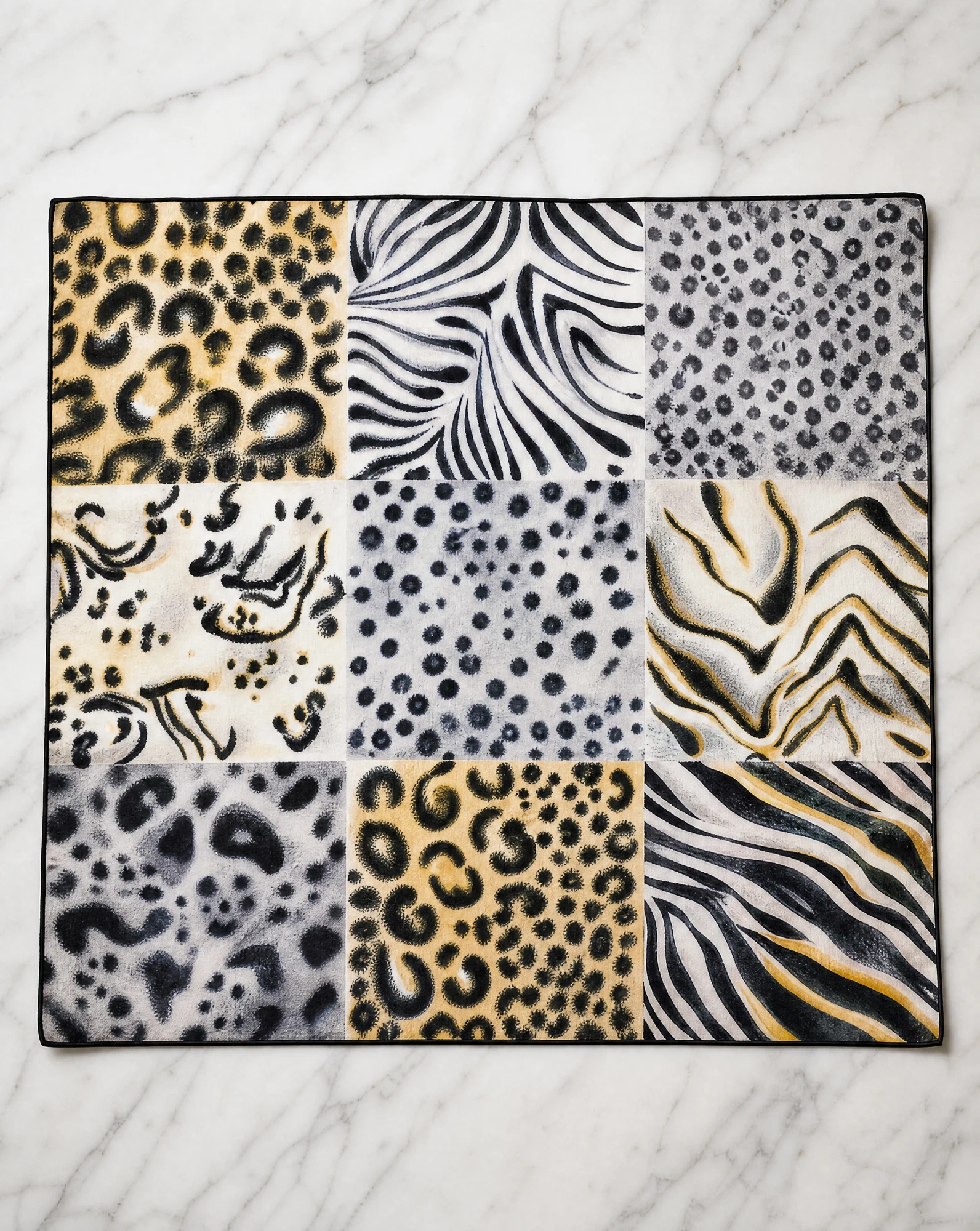 Savanna Patchwork Animal-Print Silk Scarf — Ivory Black Camel — accessories — VAUDRE numbered luxury