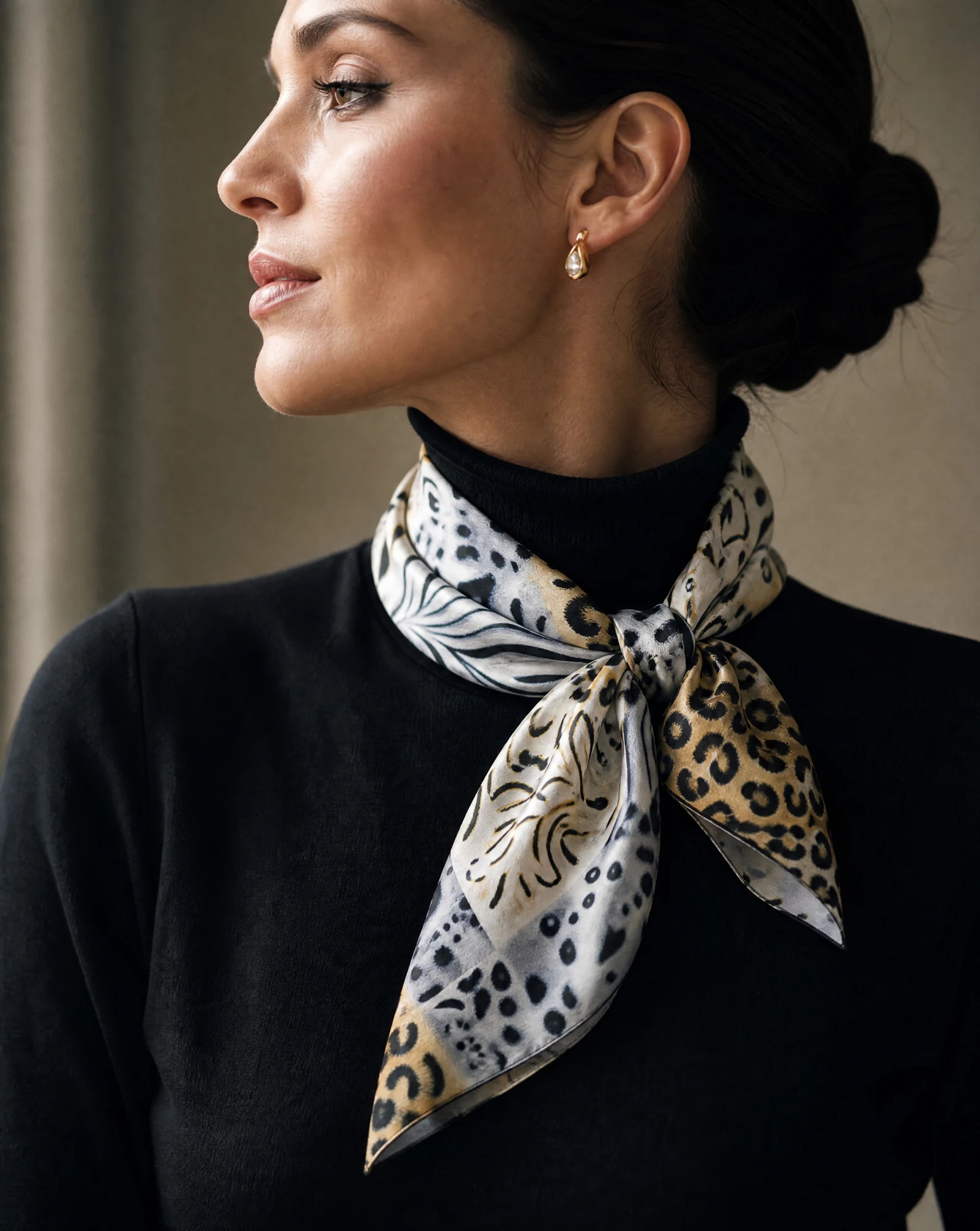 Savanna Patchwork Animal-Print Silk Scarf — Ivory Black Camel — accessories — VAUDRE numbered luxury — view 2