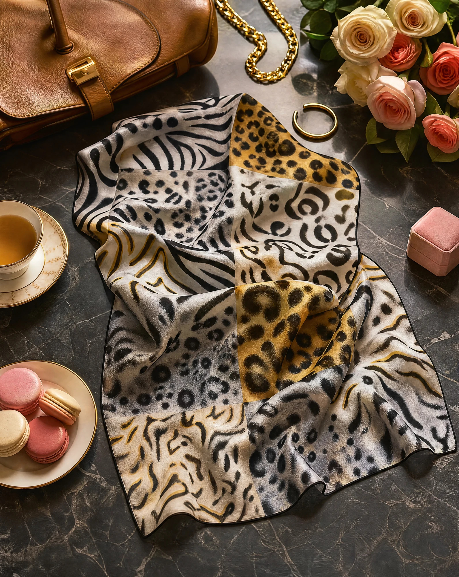 Savanna Patchwork Animal-Print Silk Scarf — Ivory Black Camel — accessories — VAUDRE numbered luxury — view 4