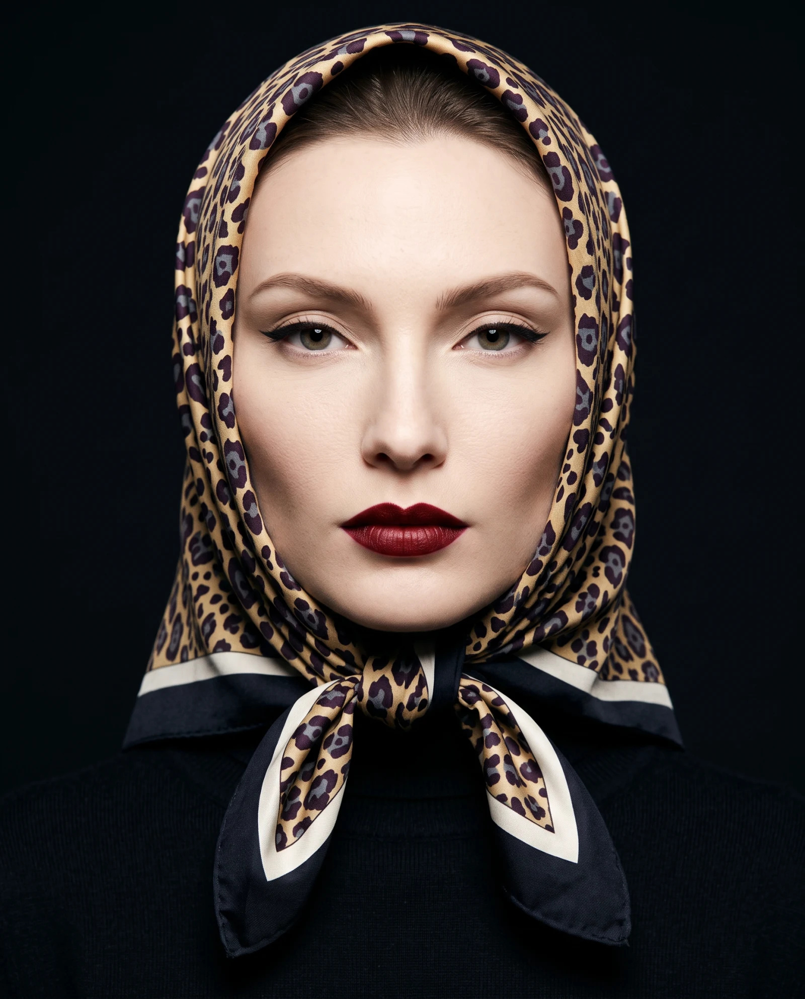 Golden Leopard Designed Silk Scarf — Camel Black Ivory — accessories — VAUDRE numbered luxury — view 2