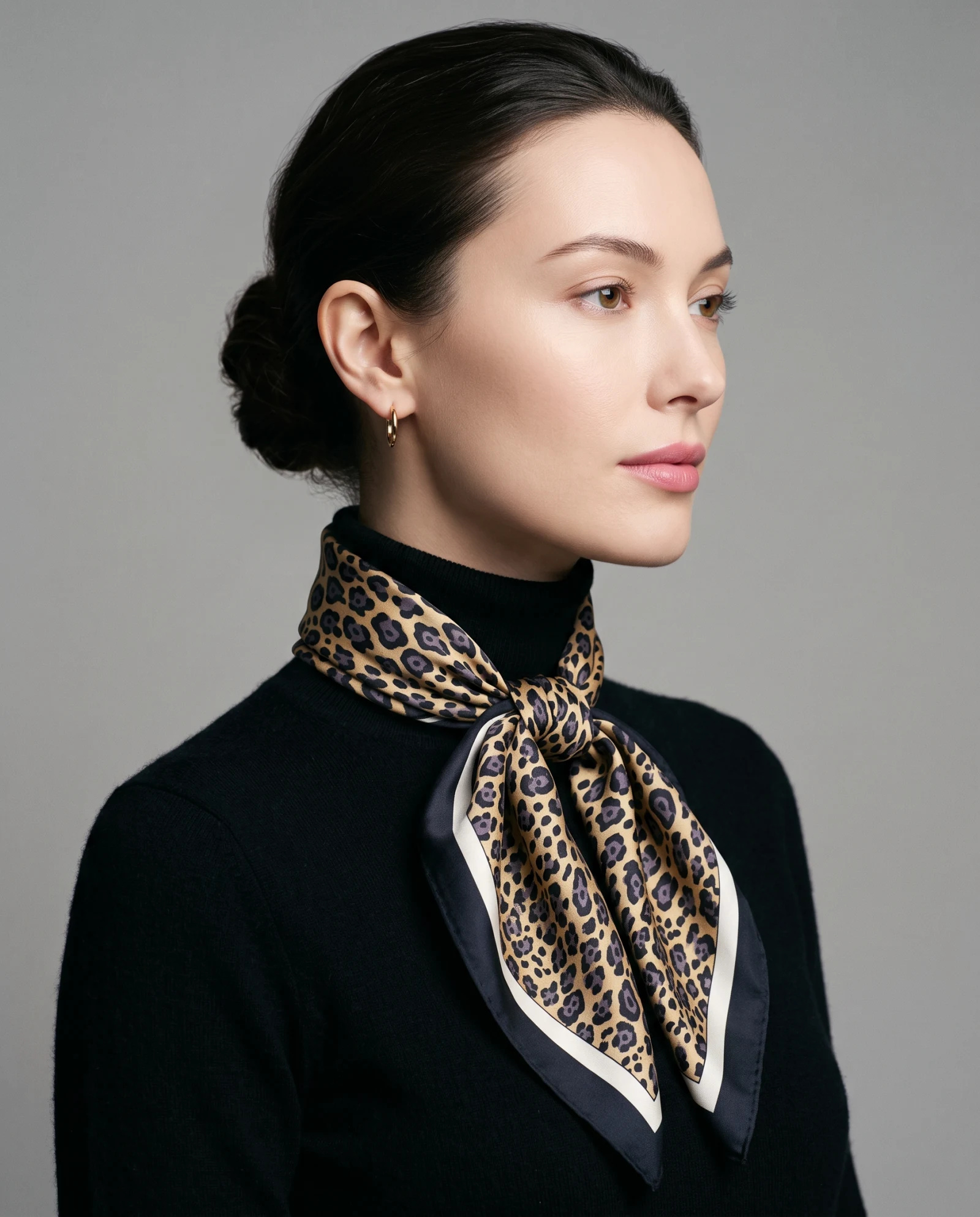 Golden Leopard Designed Silk Scarf — Camel Black Ivory — accessories — VAUDRE numbered luxury — view 3