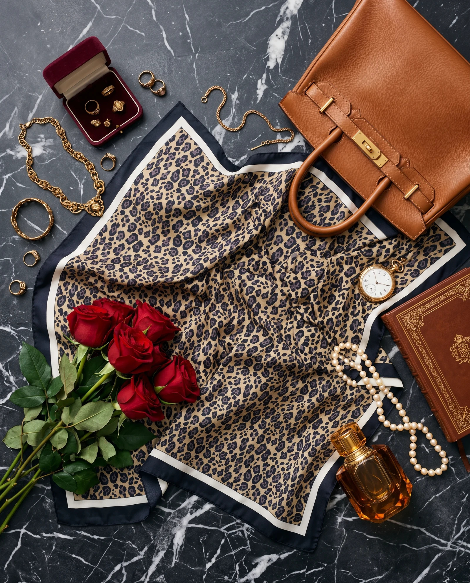 Golden Leopard Designed Silk Scarf — Camel Black Ivory — accessories — VAUDRE numbered luxury — view 4
