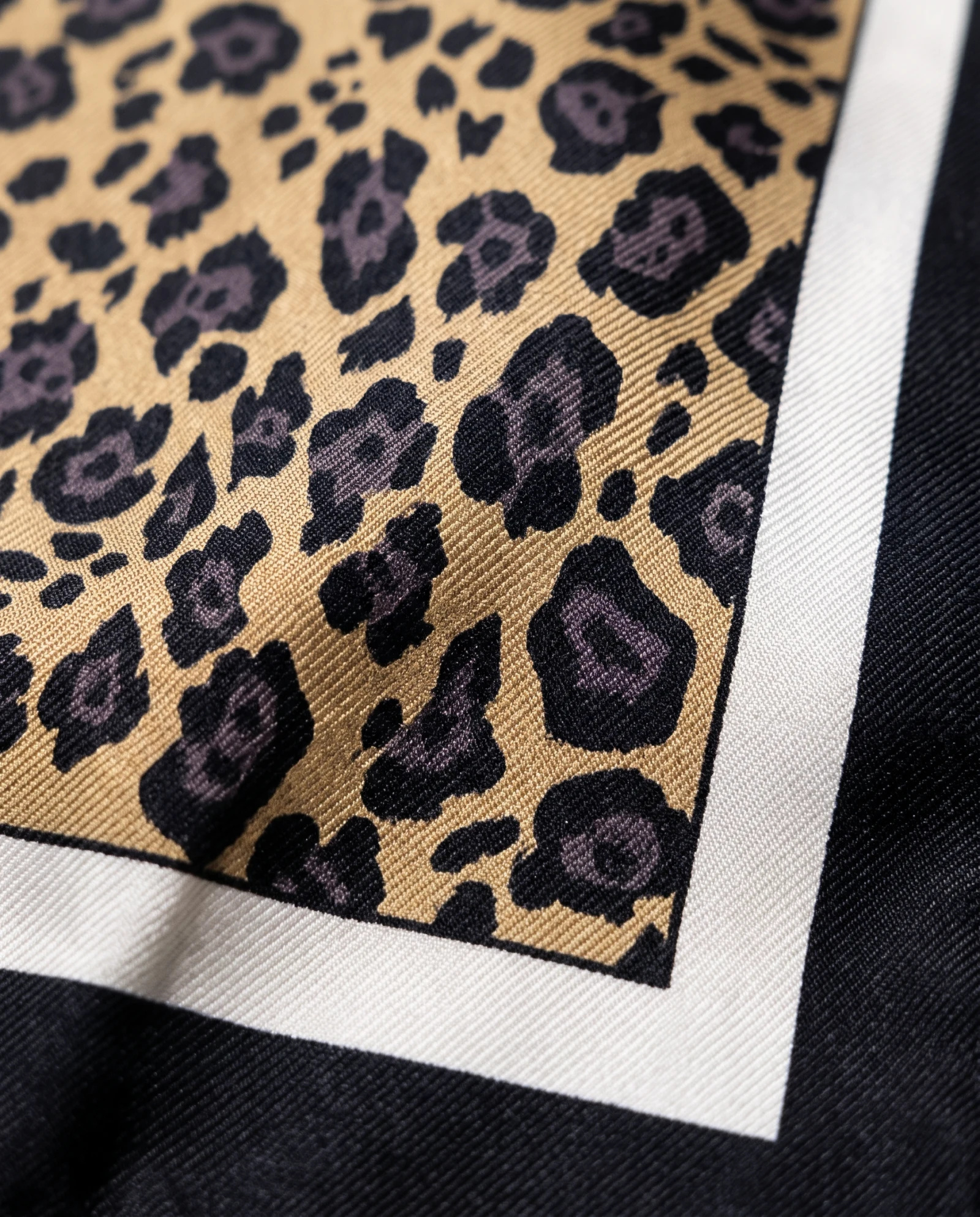 Golden Leopard Designed Silk Scarf — Camel Black Ivory — accessories — VAUDRE numbered luxury — view 5