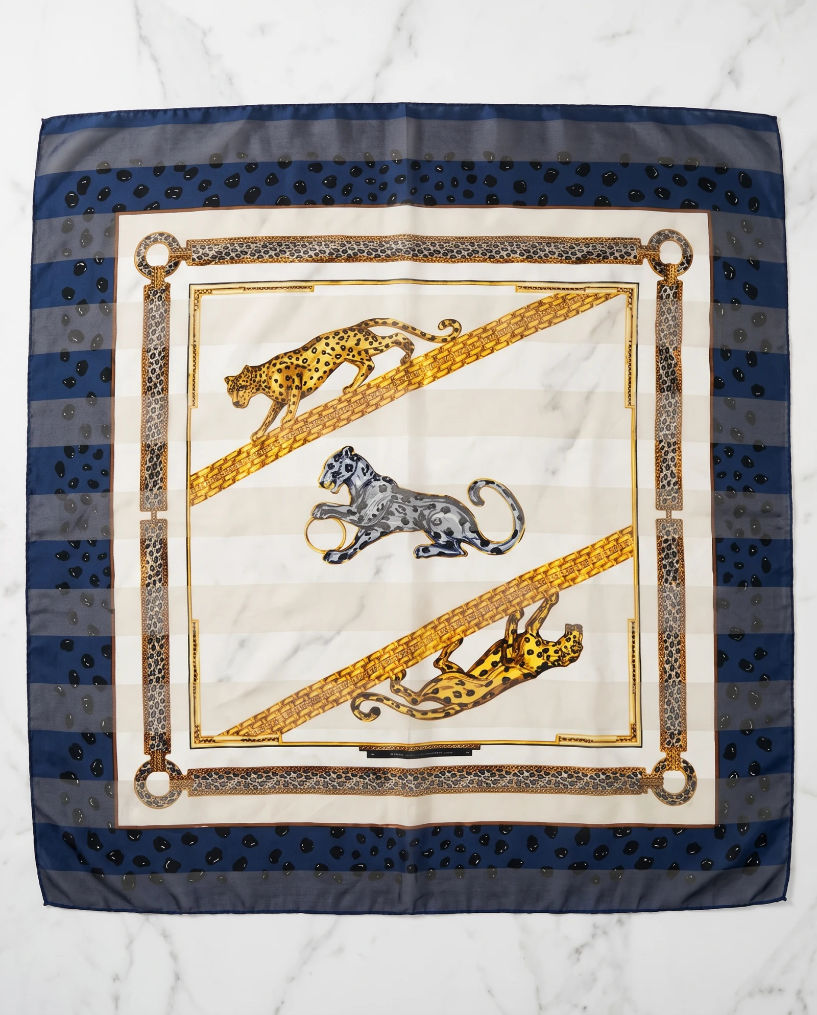 Royal Panther & Gold Chains Silk Scarf — Ivory Navy Gold — accessories — VAUDRE numbered luxury