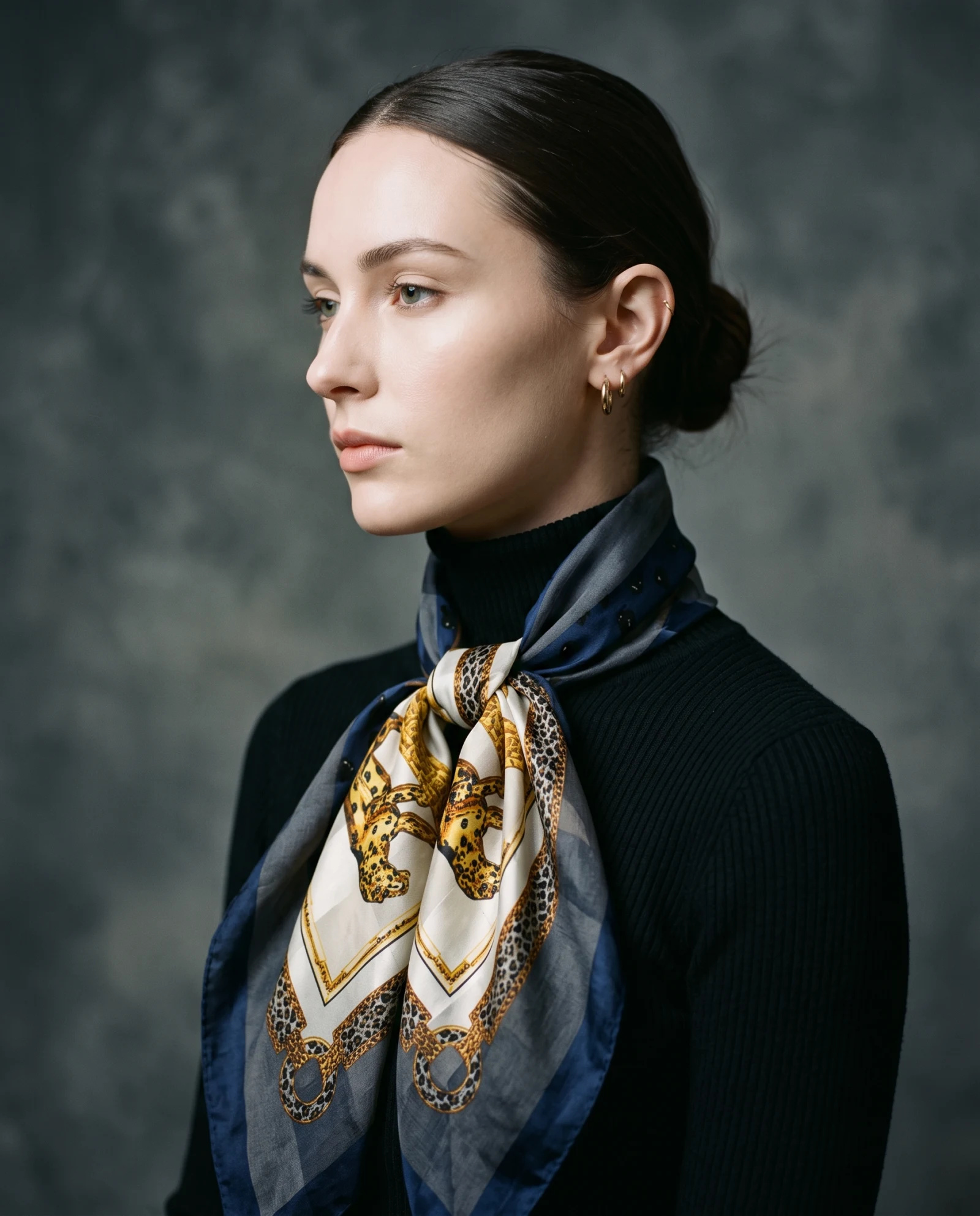 Royal Panther & Gold Chains Silk Scarf — Ivory Navy Gold — accessories — VAUDRE numbered luxury — view 3