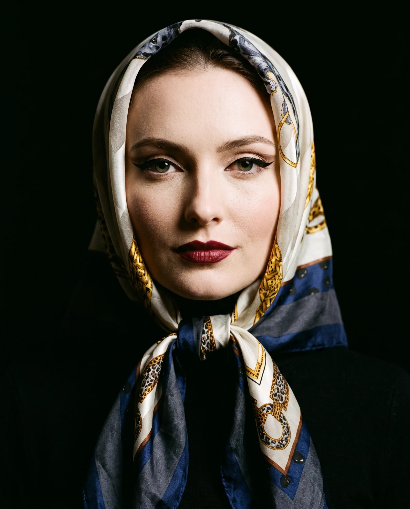 Royal Panther & Gold Chains Silk Scarf — Ivory Navy Gold — accessories — VAUDRE numbered luxury — view 2