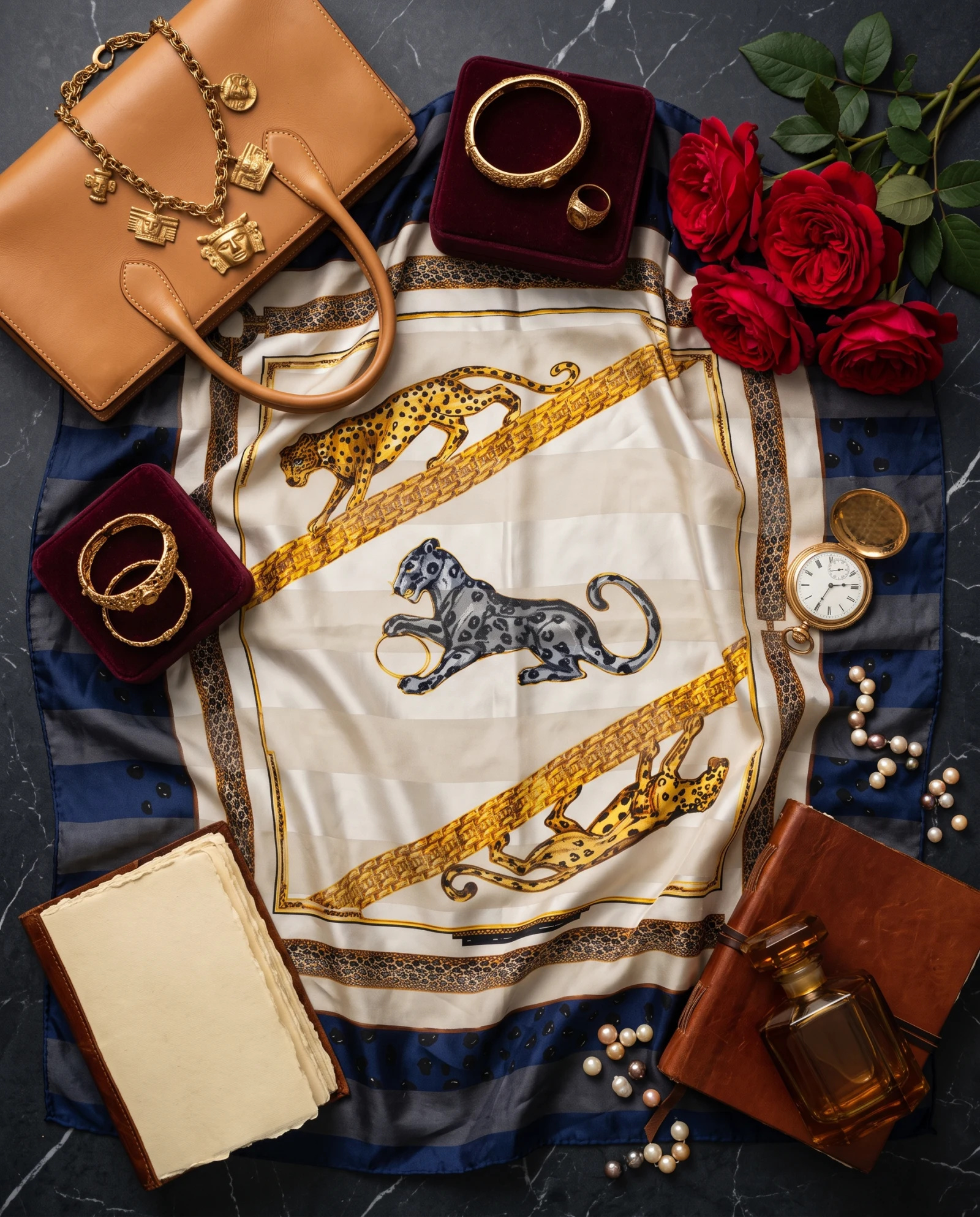 Royal Panther & Gold Chains Silk Scarf — Ivory Navy Gold — accessories — VAUDRE numbered luxury — view 4