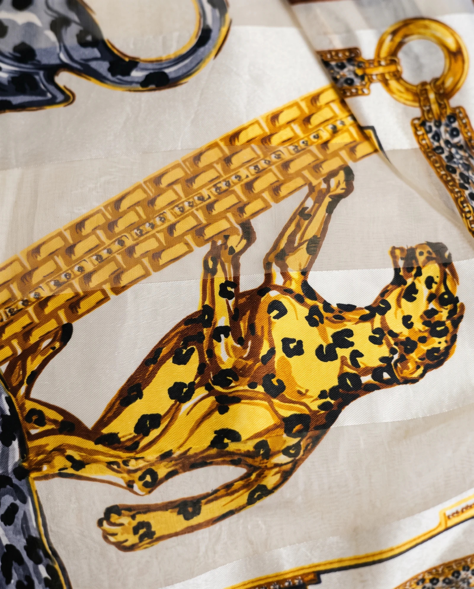 Royal Panther & Gold Chains Silk Scarf — Ivory Navy Gold — accessories — VAUDRE numbered luxury — view 5