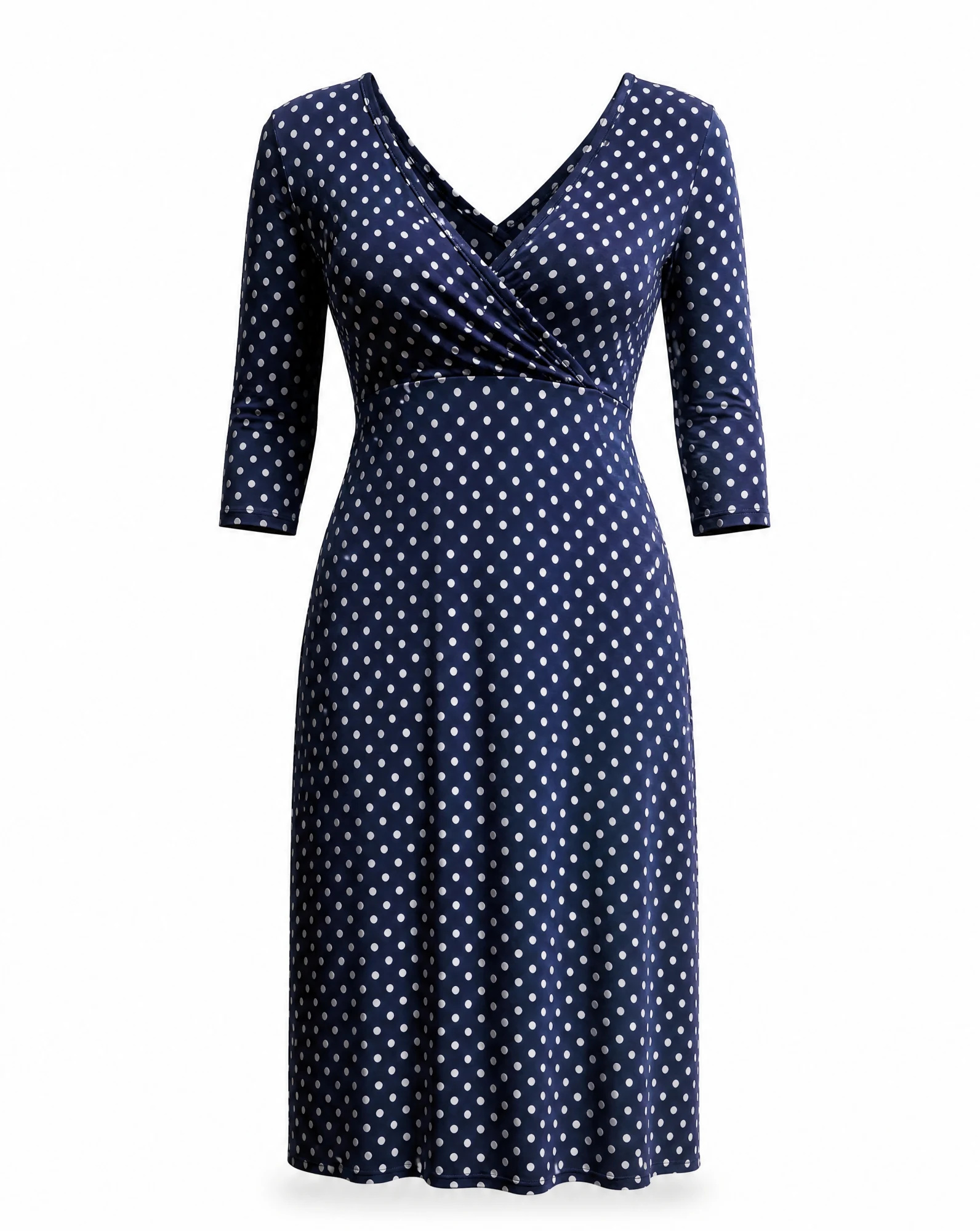 Navy Polka-Dot Surplice Midi Dress — Navy Ivory — resort wear — VAUDRE numbered luxury