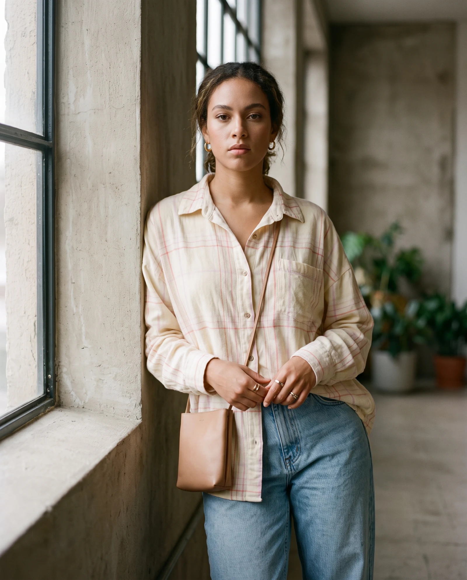Blush Pastel Plaid Oversized Shirt — Cream Blush Pink Lilac (pastel plaid — the blouses — VAUDRE numbered luxury — view 2