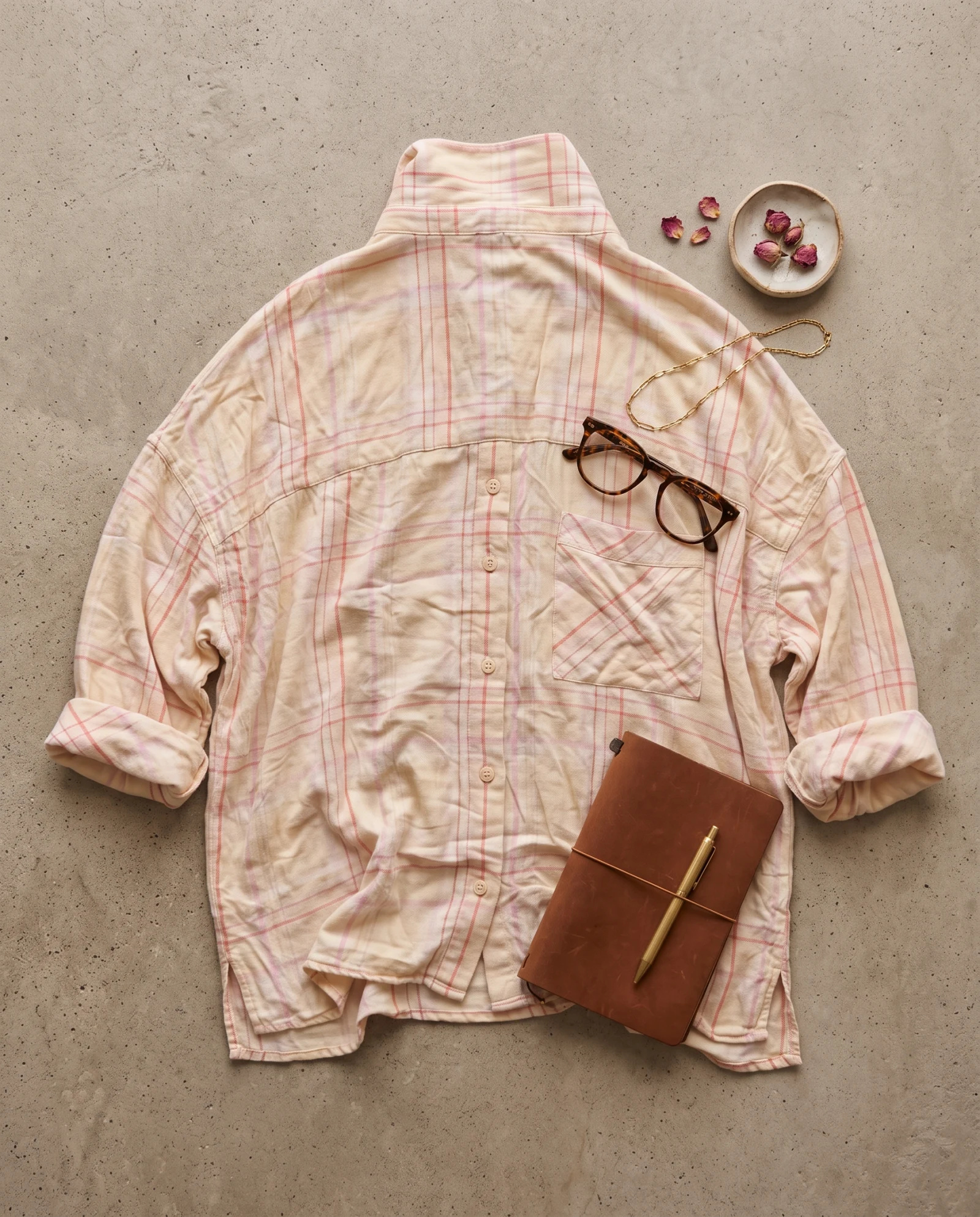 Blush Pastel Plaid Oversized Shirt — Cream Blush Pink Lilac (pastel plaid — the blouses — VAUDRE numbered luxury — view 5