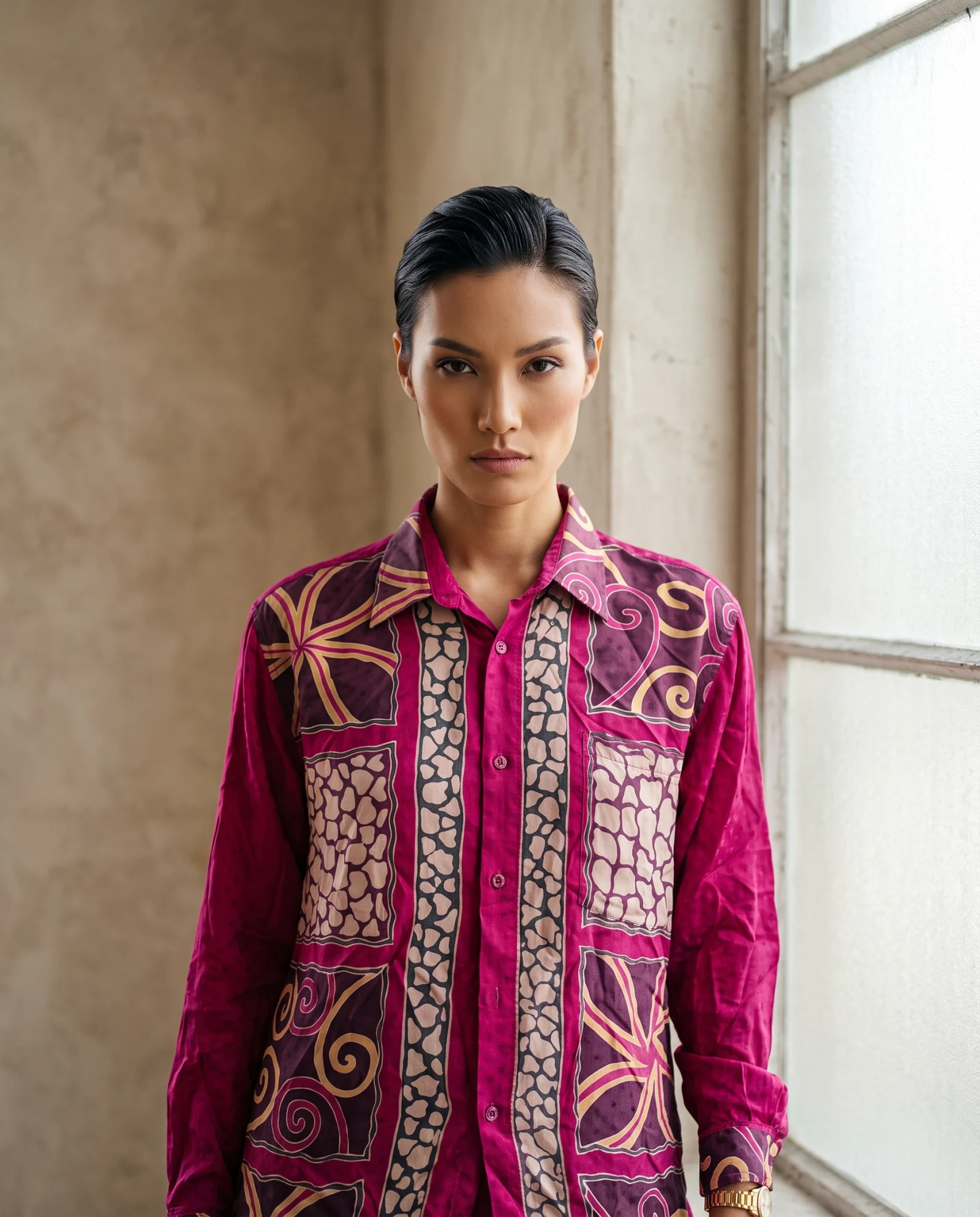 Magenta Baroque Panel Silk Shirt — Magenta Plum Gold Ivory — the blouses — VAUDRE numbered luxury — view 2