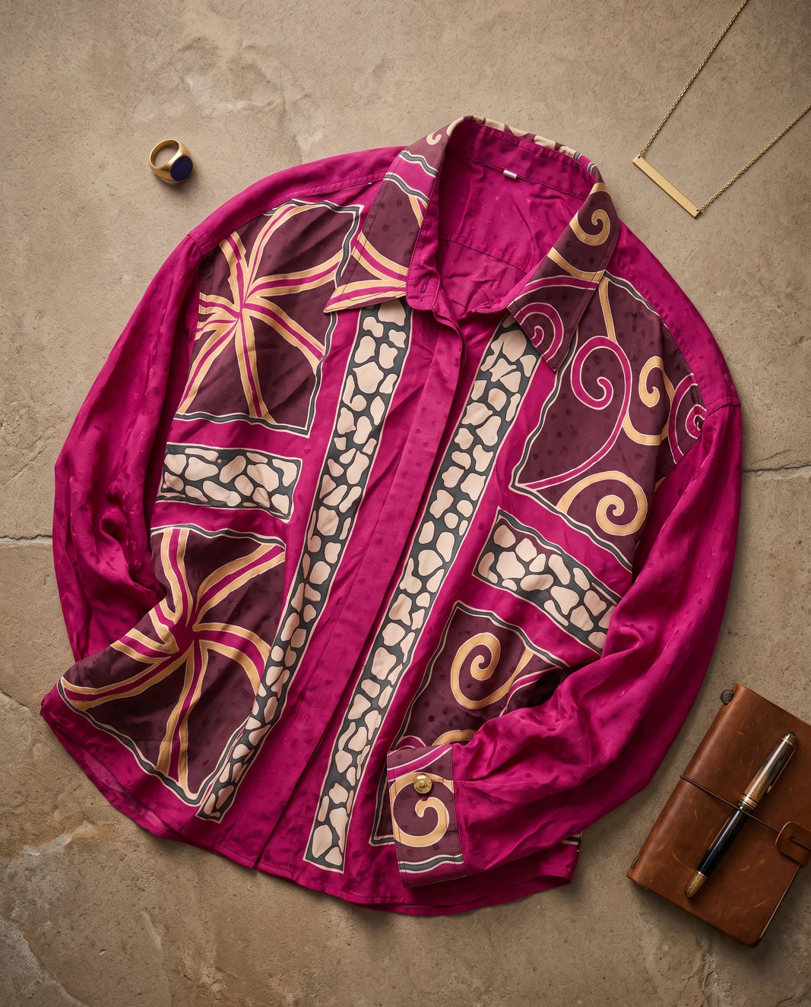 Magenta Baroque Panel Silk Shirt — Magenta Plum Gold Ivory — the blouses — VAUDRE numbered luxury — view 5