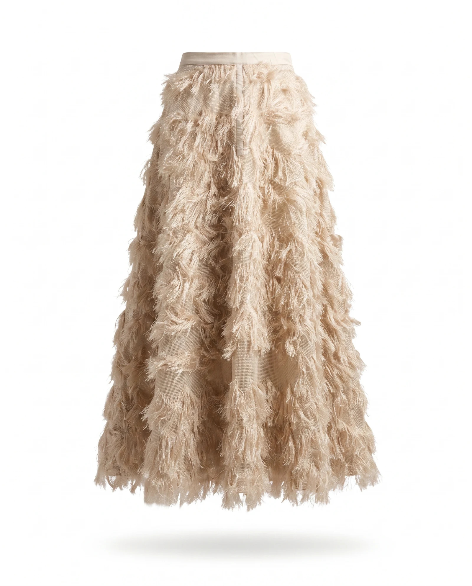 Champagne Ostrich-Feather Fringe Maxi Skirt — Champagne Sand Beige Nude — the skirts — VAUDRE numbered luxury