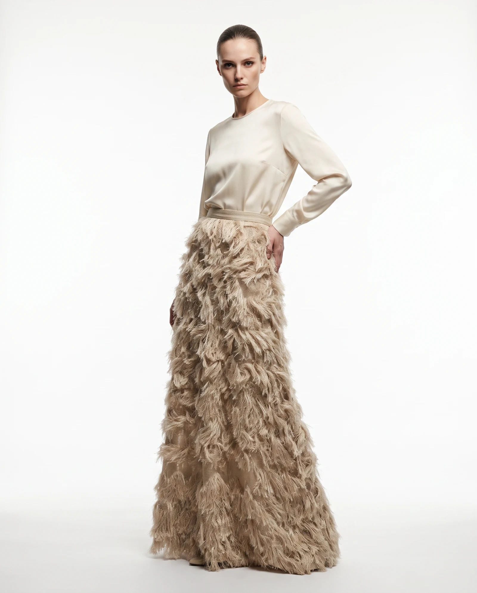 Champagne Ostrich-Feather Fringe Maxi Skirt — Champagne Sand Beige Nude — the skirts — VAUDRE numbered luxury — view 2